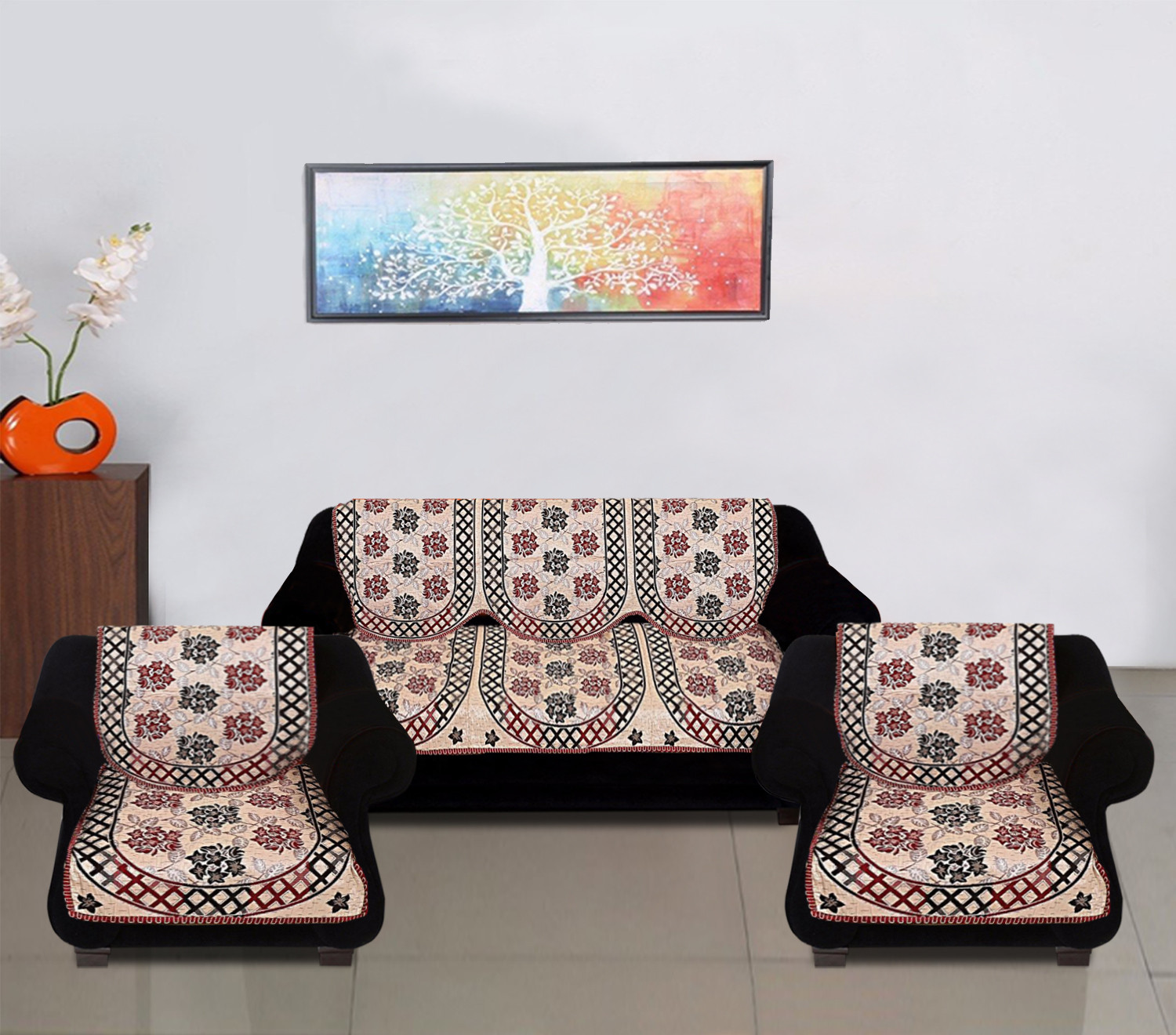 Kuber Industries Luxurious Cotton Flower Design 5 Seater Sofa Cover Set for Living Room (Maroon)