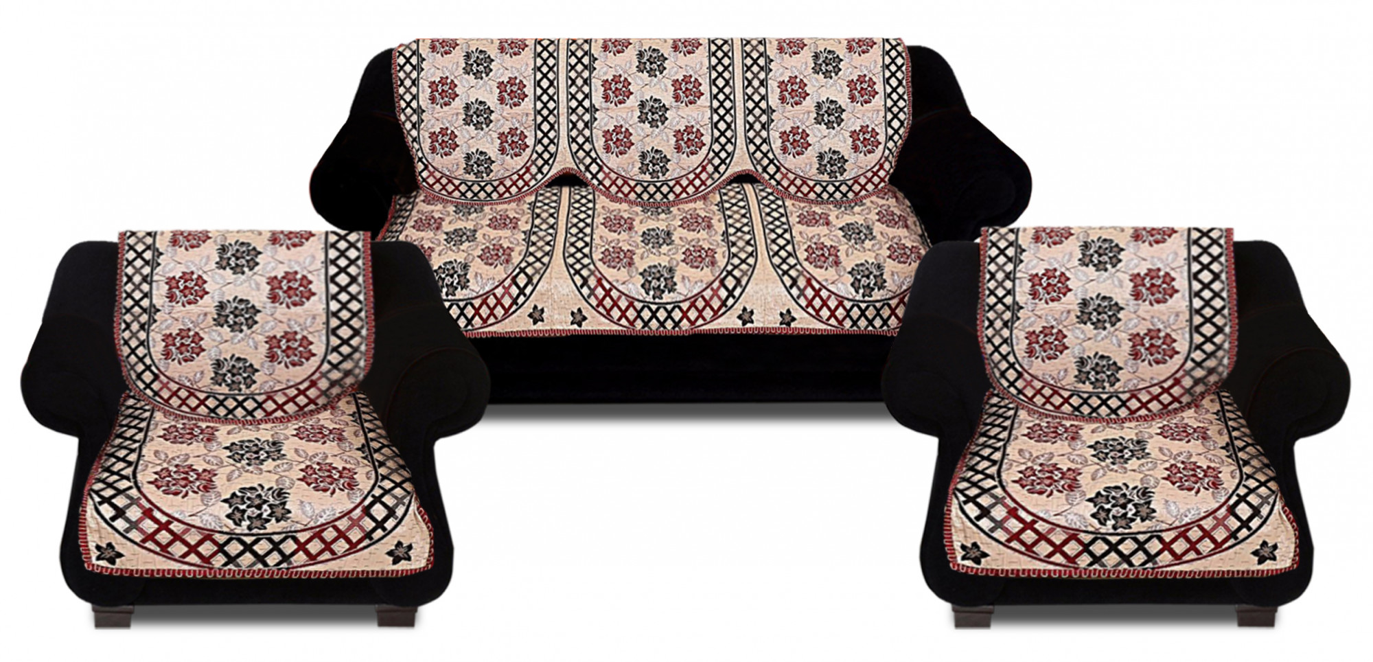 Kuber Industries Luxurious Cotton Flower Design 5 Seater Sofa Cover Set for Living Room (Maroon)