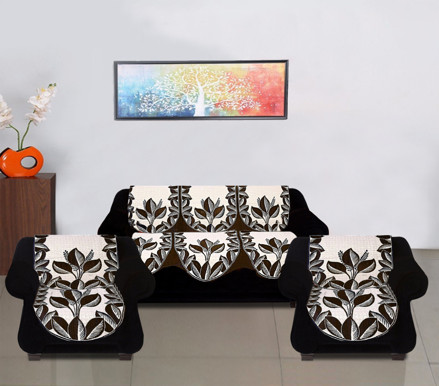 Kuber Industries Luxurious Cotton Leaf Design 5 Seater Sofa Cover Set for Living Room (Brown)