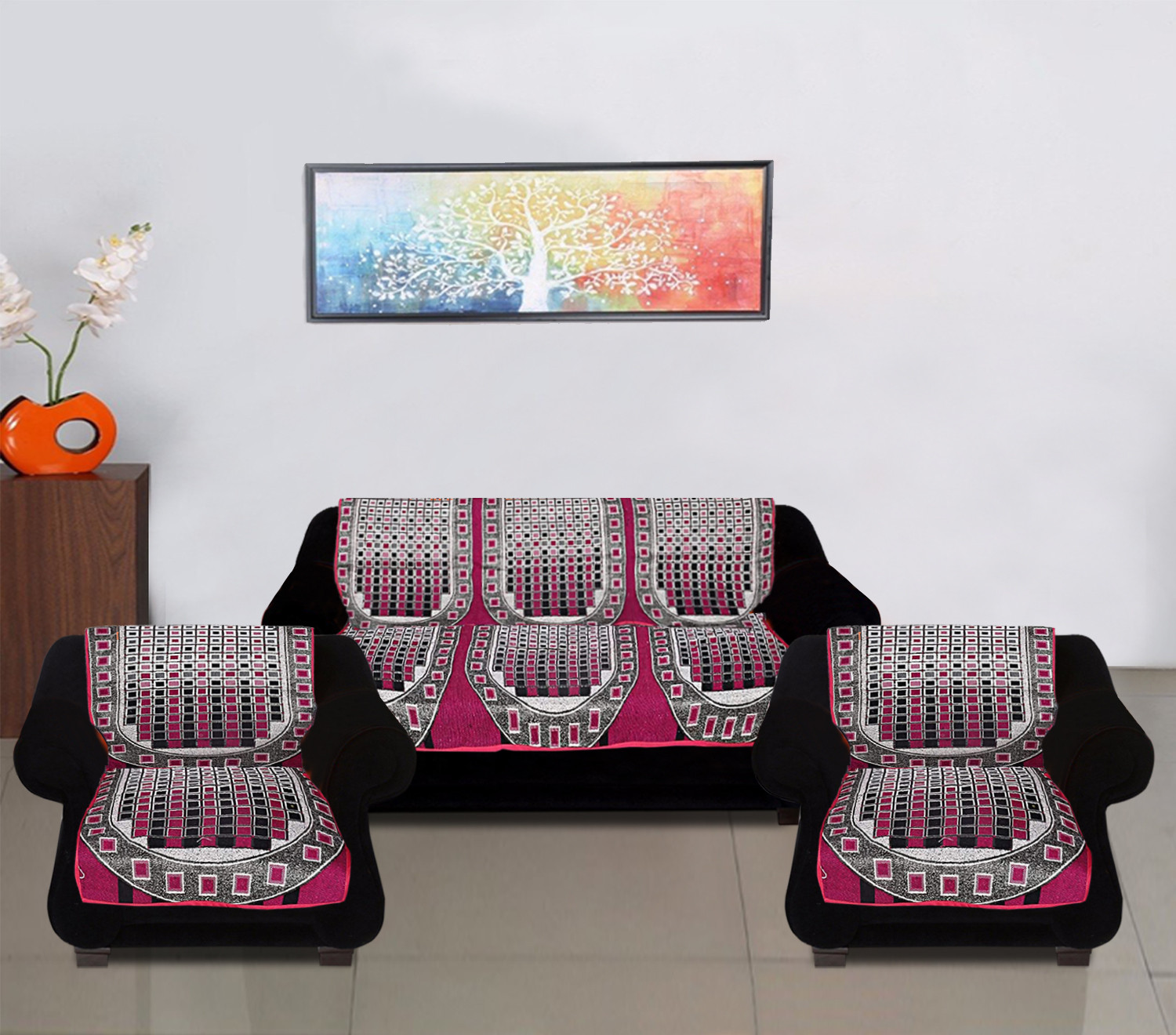 Kuber Industries Luxurious Cotton Small Check Design 5 Seater Sofa Cover Set for Living Room (Pink)