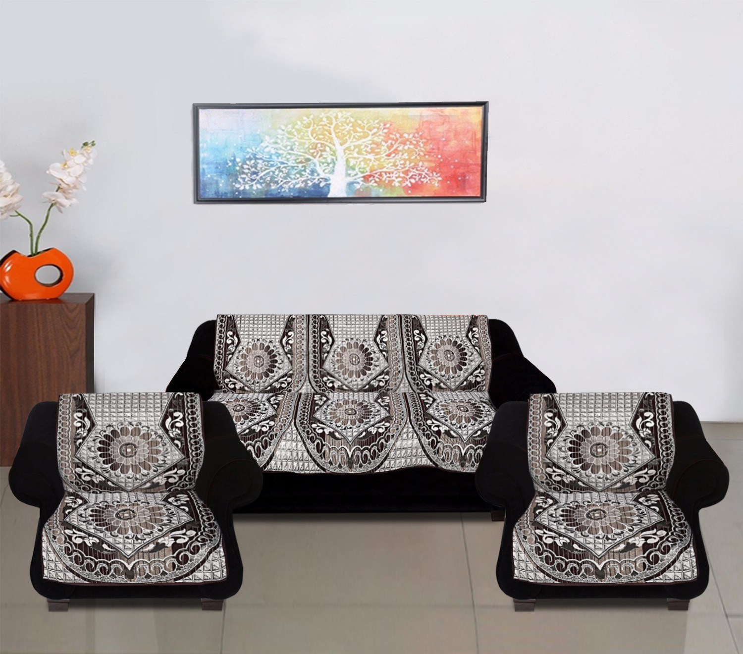 Kuber Industries Luxurious Cotton Triangle Design 5 Seater Sofa Cover Set for Living Room (Brown)