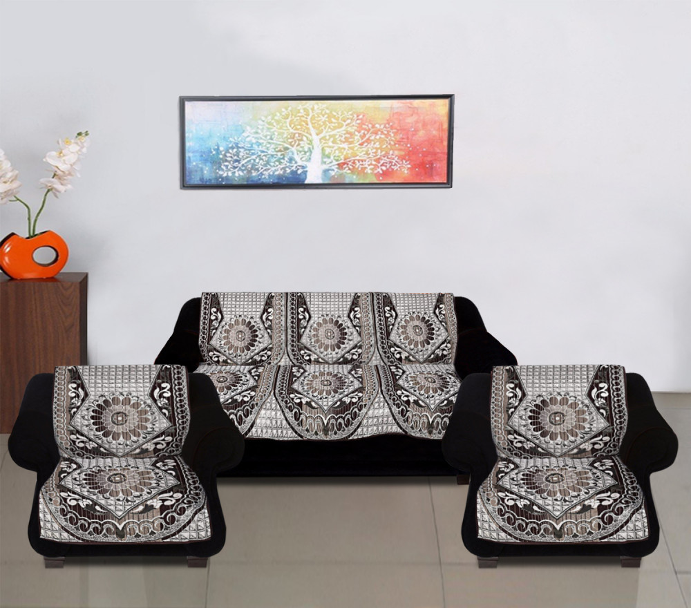 Kuber Industries Luxurious Cotton Triangle Design 5 Seater Sofa Cover Set for Living Room (Brown)