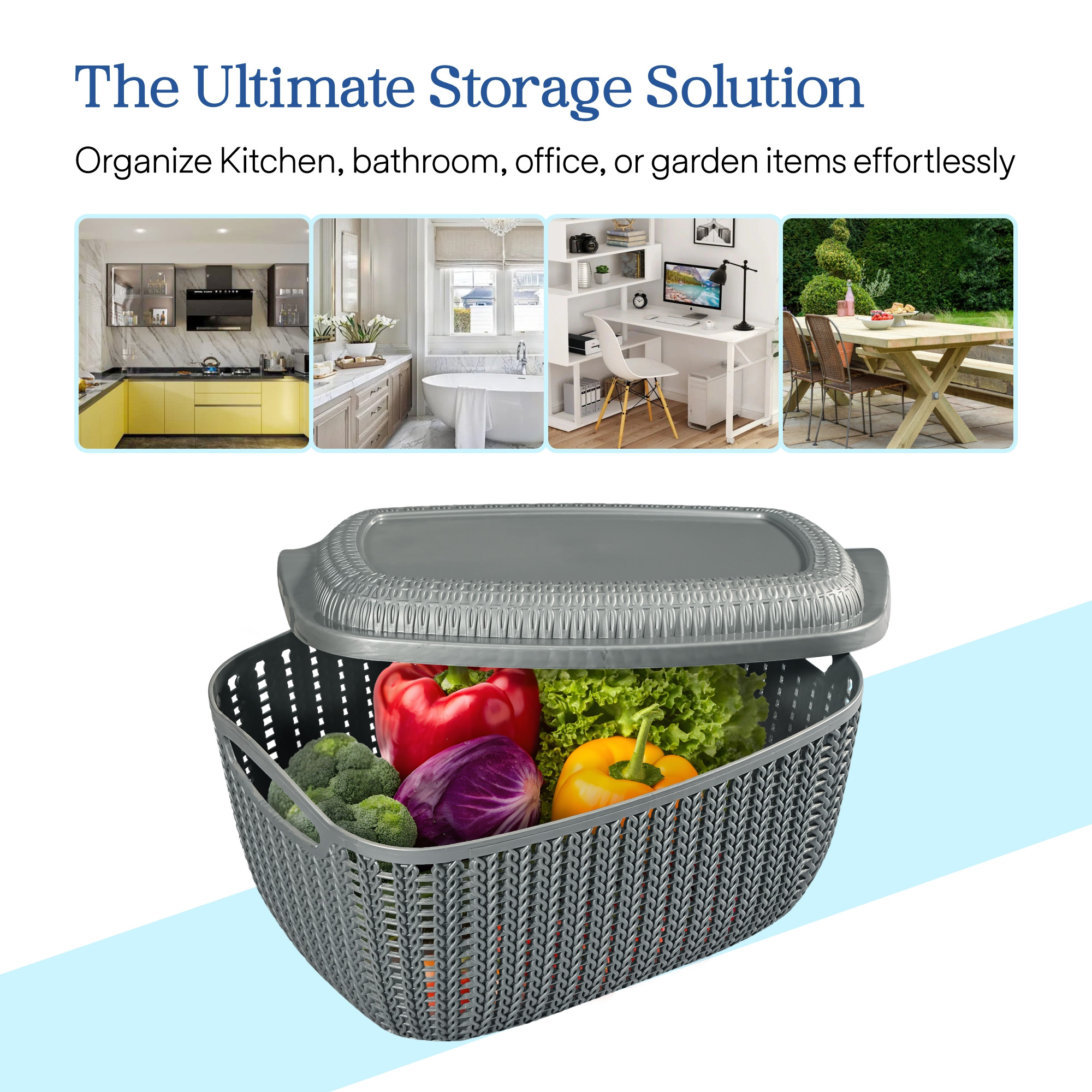 Kuber Industries M 25 Plastic Basket for Storage Vegetables and Fruits with Lid  Lightweight  Ventilated Cosmetics  Small Toiletries Basket for Bathroom and Home  Grey