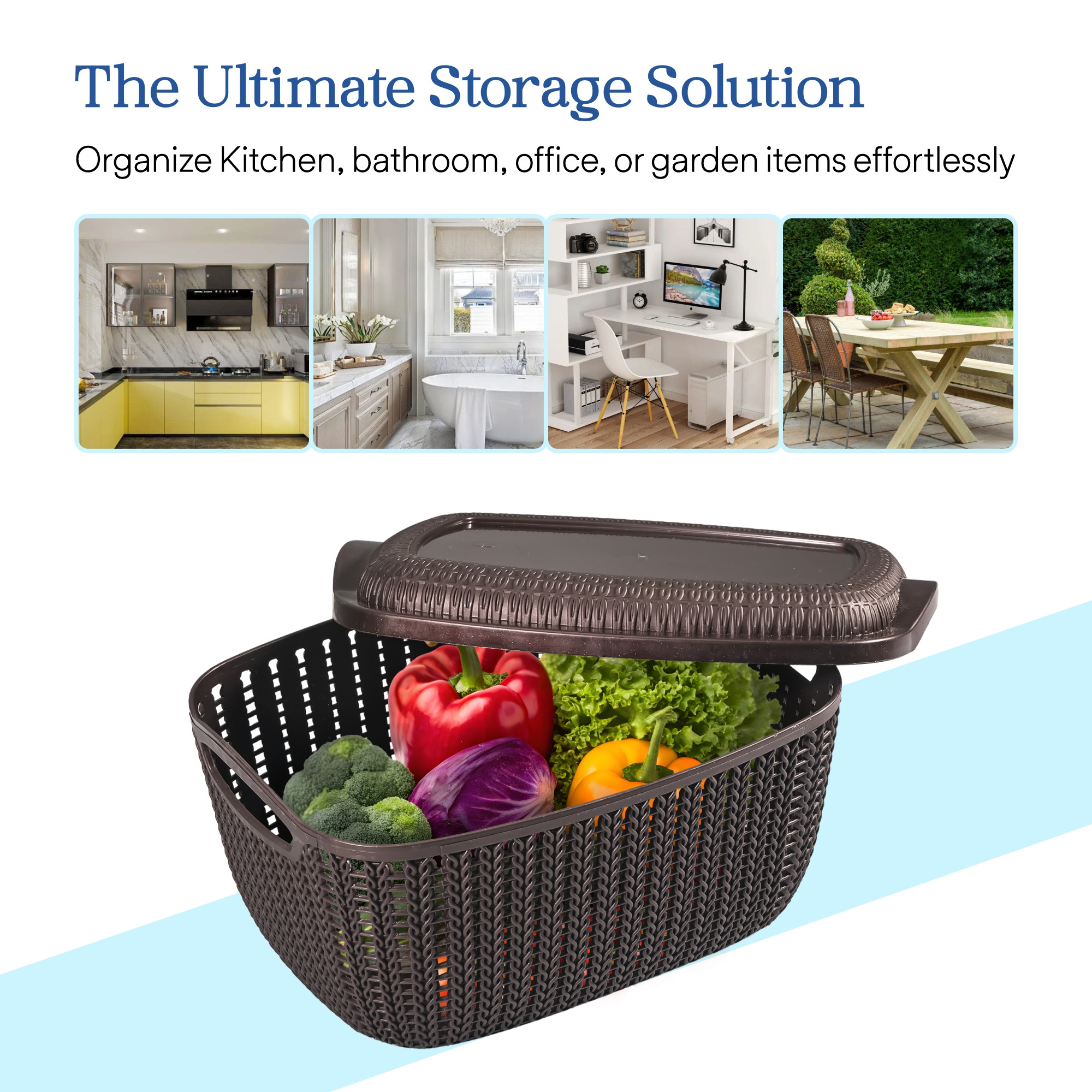Kuber Industries M 25 Plastic Basket for Storage Vegetables and Fruits with Lid  Lightweight  Ventilated Cosmetics  Small Toiletries Basket for Bathroom and Home  Brown