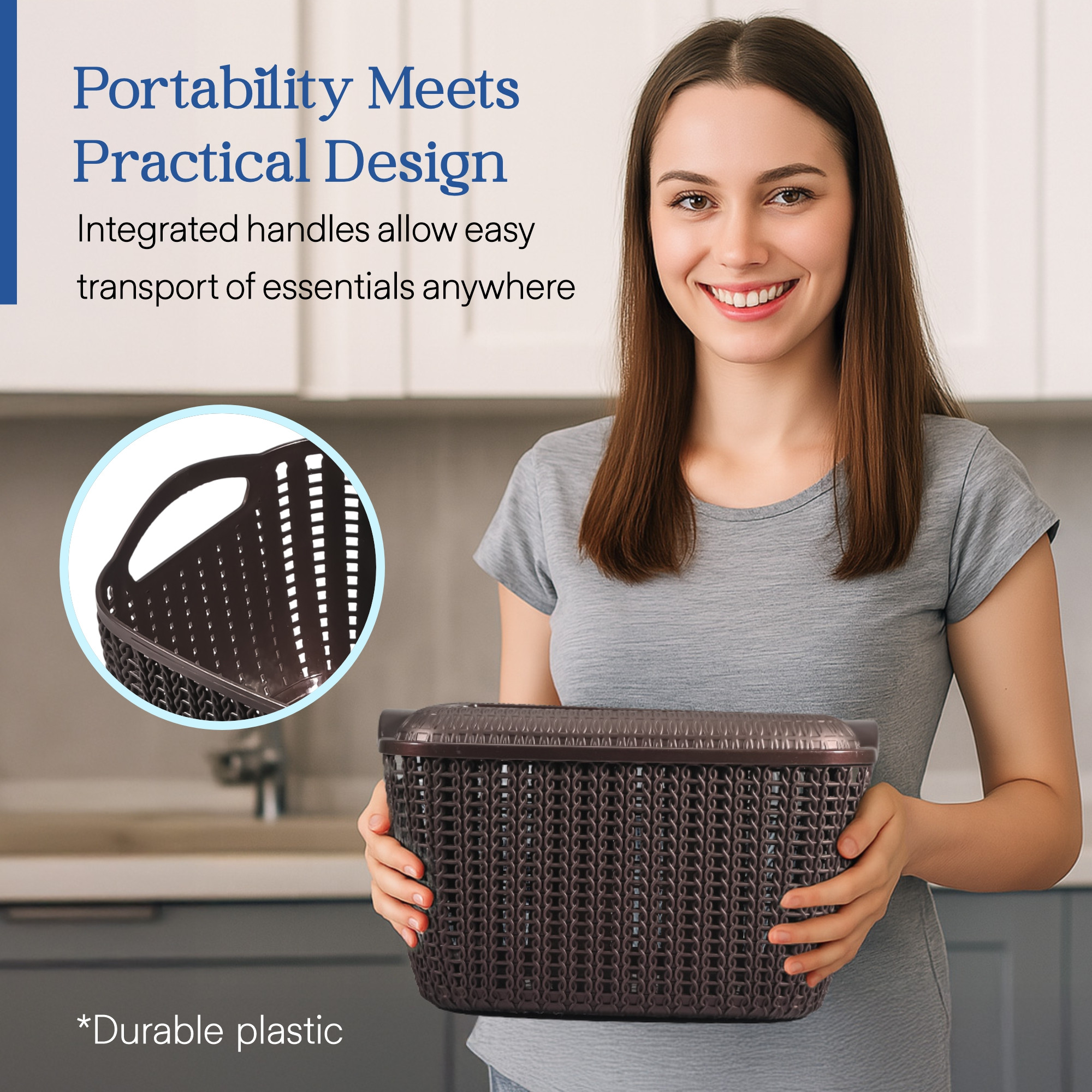 Kuber Industries M 30 Plastic Basket for Storage Vegetables and Fruits with Lid  Lightweight  Ventilated Cosmetics  Large Toiletries Basket for Bathroom and Home  Brown