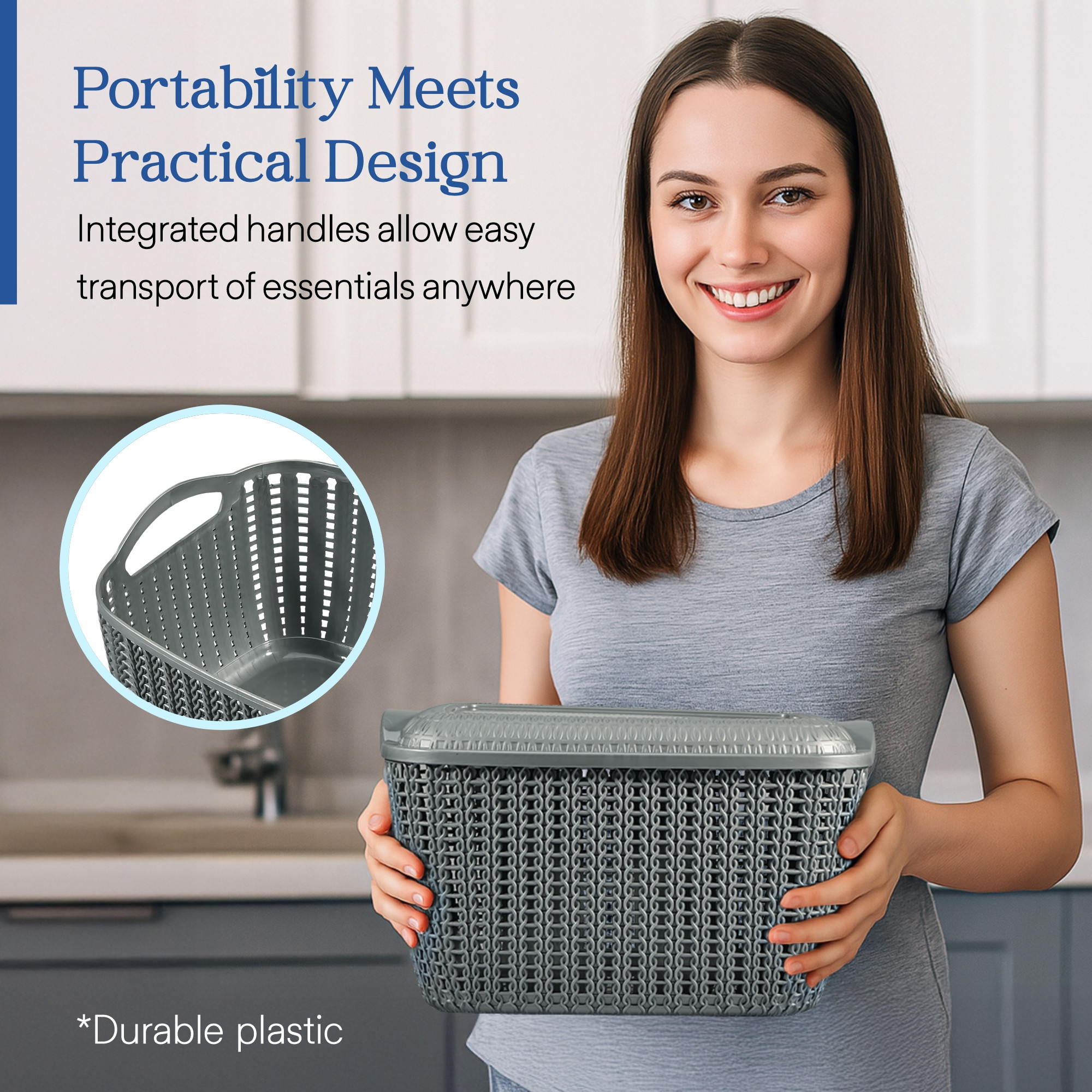 Kuber Industries M 30 Plastic Basket for Storage Vegetables and Fruits with Lid  Lightweight  Ventilated Cosmetics  Large Toiletries Basket for Bathroom and Home  Grey