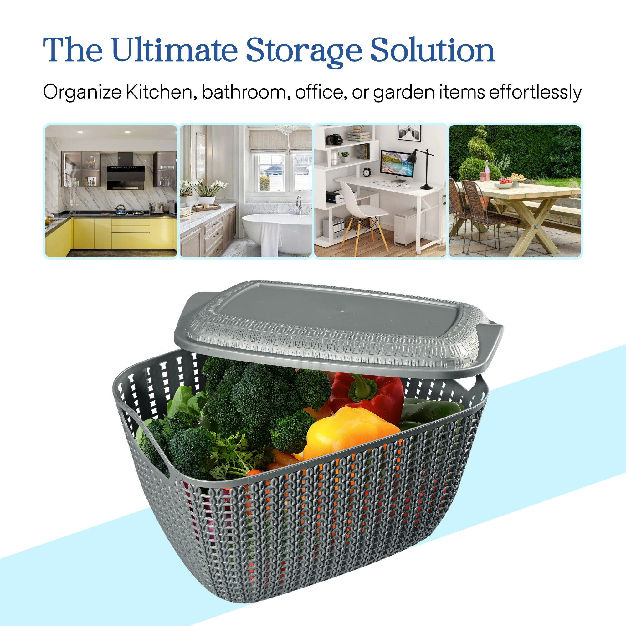 Kuber Industries M 30 Plastic Basket for Storage Vegetables and Fruits with Lid  Lightweight  Ventilated Cosmetics  Large Toiletries Basket for Bathroom and Home  Grey