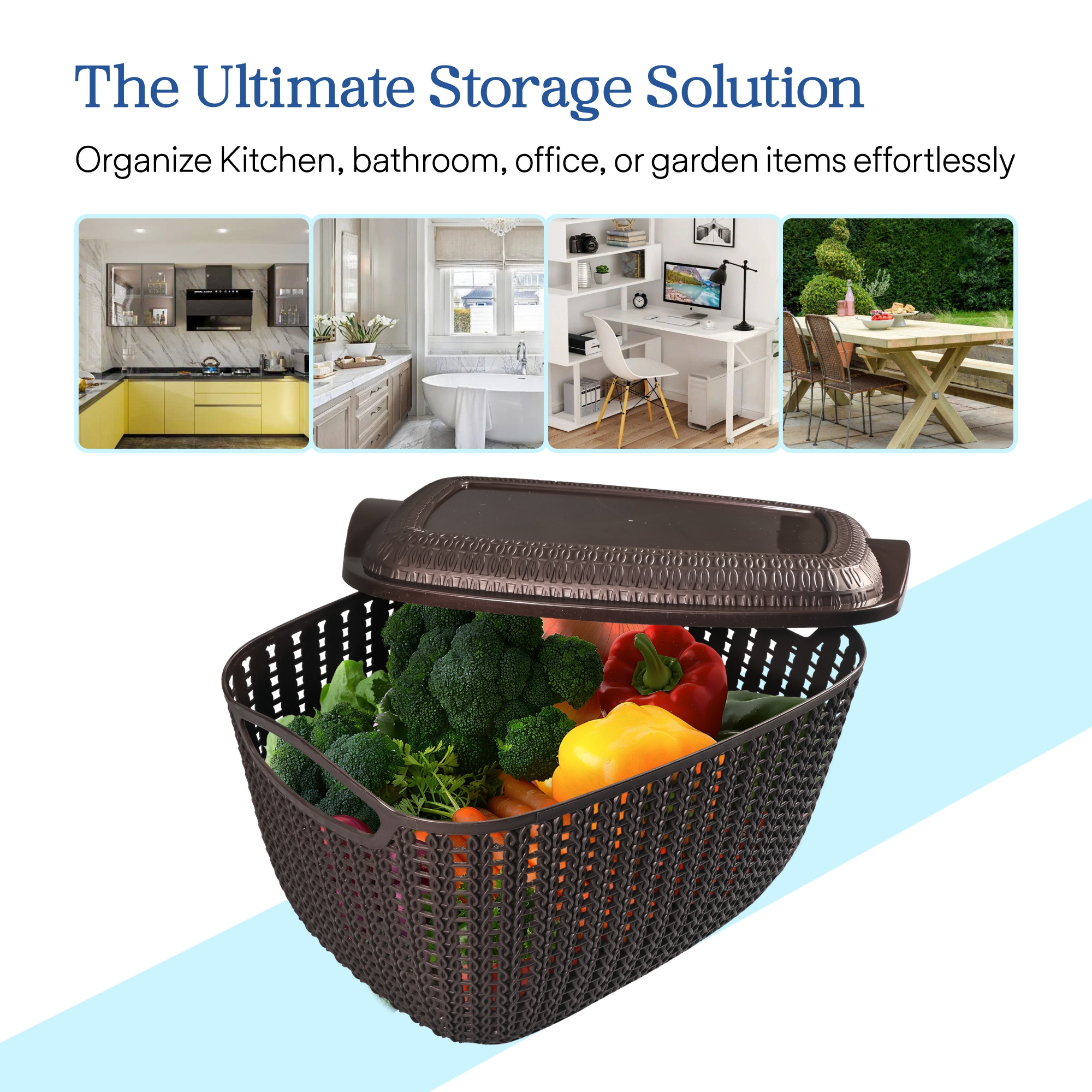 Kuber Industries M 30 Plastic Basket for Storage Vegetables and Fruits with Lid  Lightweight  Ventilated Cosmetics  Large Toiletries Basket for Bathroom and Home  Brown