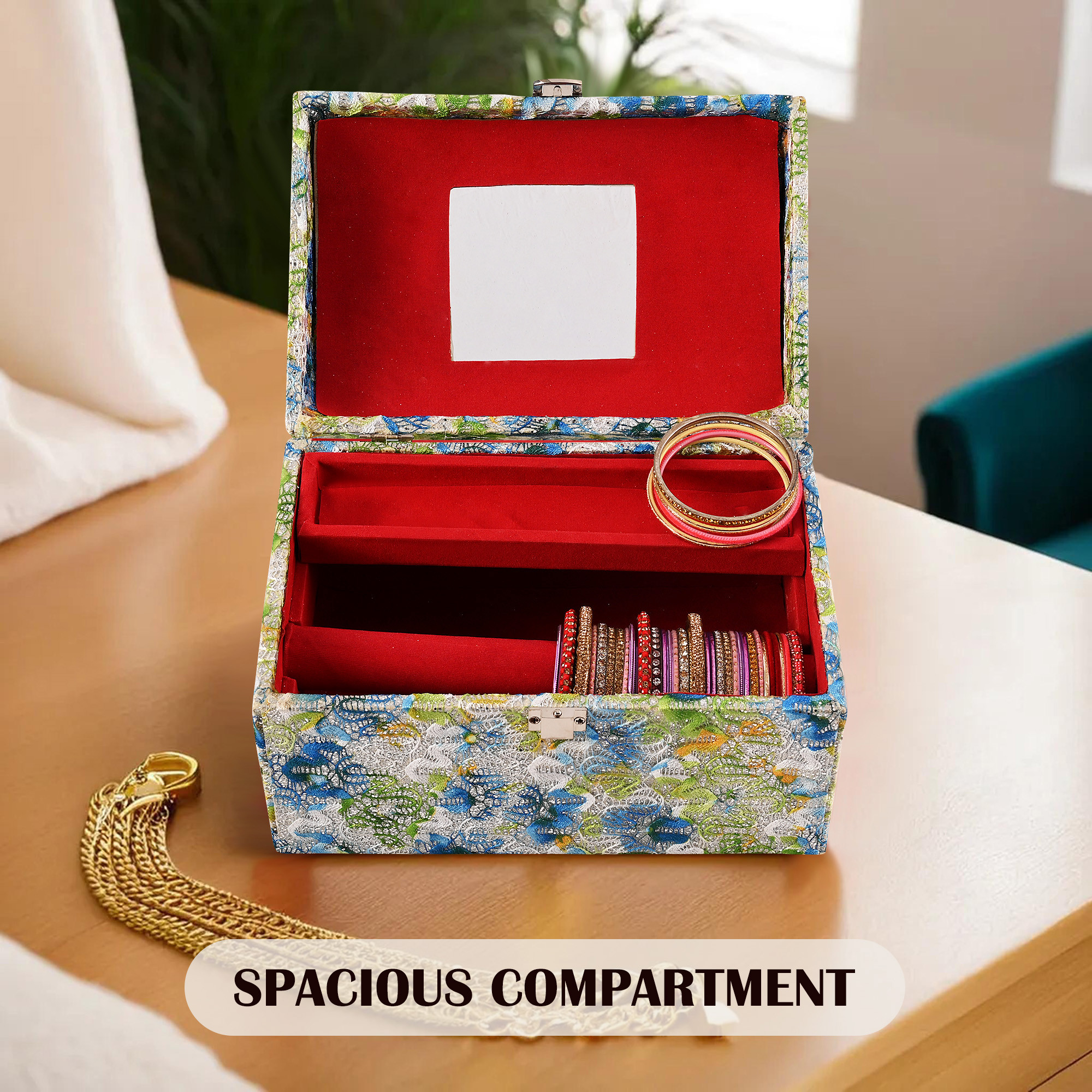 Kuber Industries Makeup Box  Vanity Box for Women  Makeup Organizer  Singardani for Women  Jewellery Storage Box  Box for Bangles Bracelets Printed Palki Lock Green  Blue