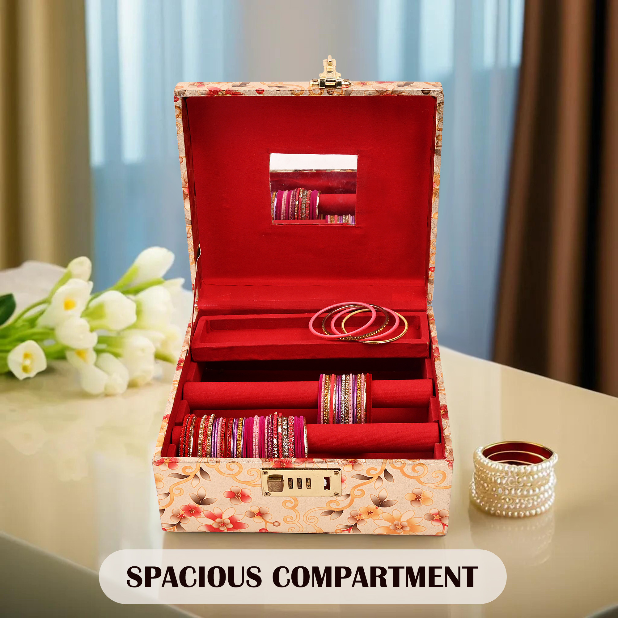 Kuber Industries Makeup Box  Vanity Box for Women  Makeup Organizer  Singardani for Women  Jewellery Storage Box  Box for Bangles Bracelets Printed Chapti Number Lock Golden