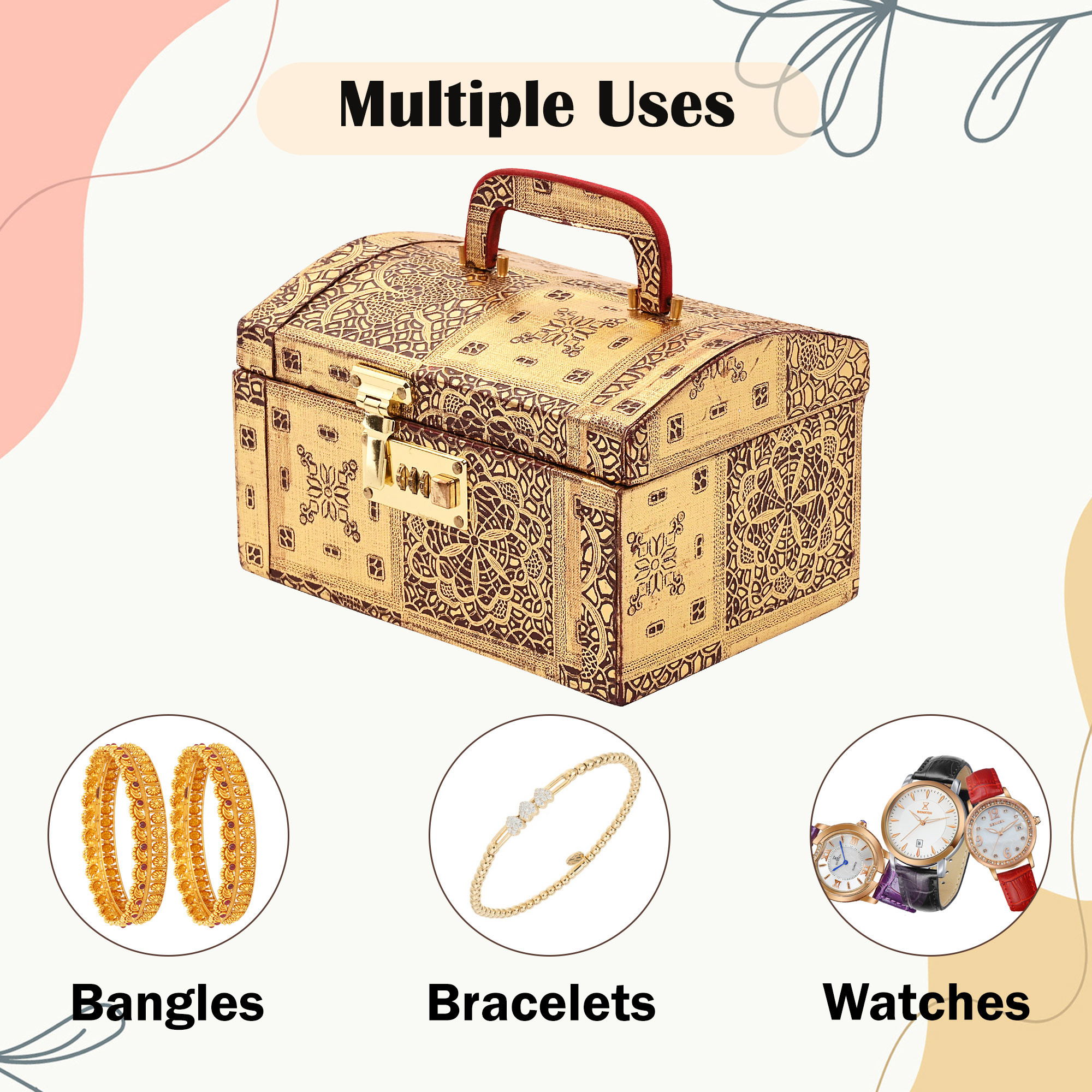 Kuber Industries Makeup Box  Vanity Box for Women  Makeup Organizer  Singardani for Women  Jewellery Storage Box  Box for Bangles Bracelets Makdi Palki Number Lock Golden