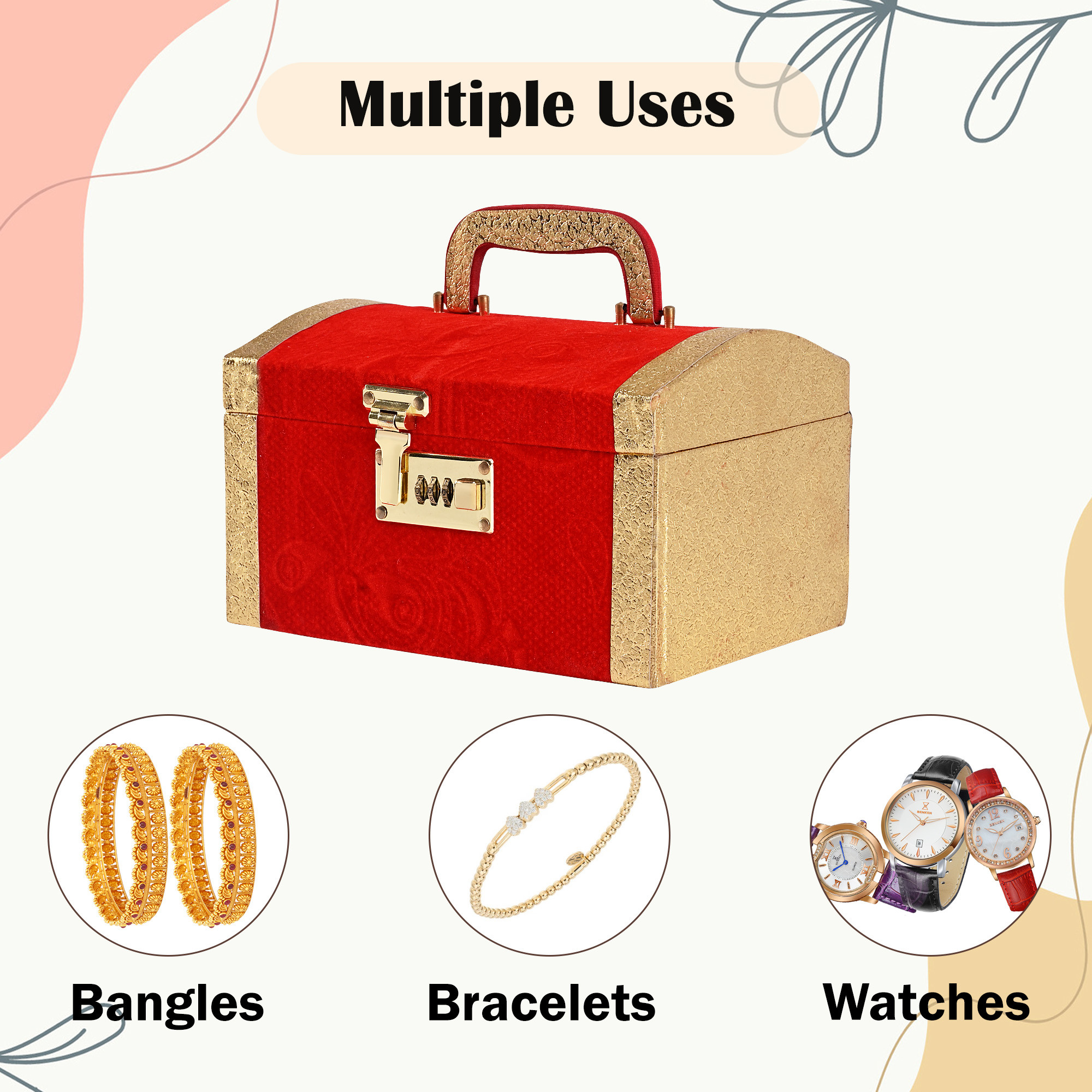Kuber Industries Makeup Box  Vanity Box for Women  Makeup Organizer  Singardani for Women  Jewellery Storage Box  Box for Bangles Bracelets Gold Self Number Lock Red