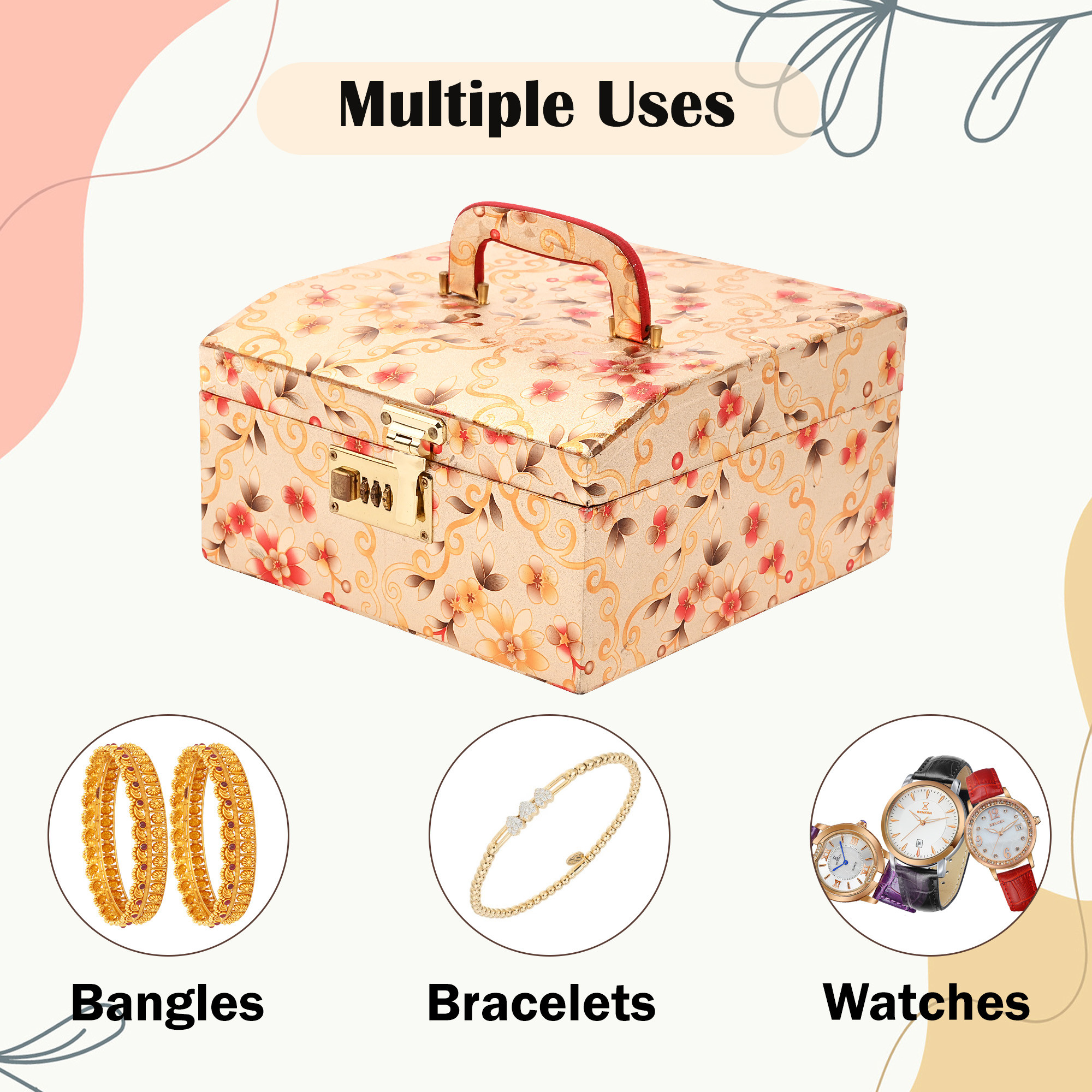 Kuber Industries Makeup Box  Vanity Box for Women  Makeup Organizer  Singardani for Women  Jewellery Storage Box  Box for Bangles Bracelets Printed Chapti Number Lock Golden