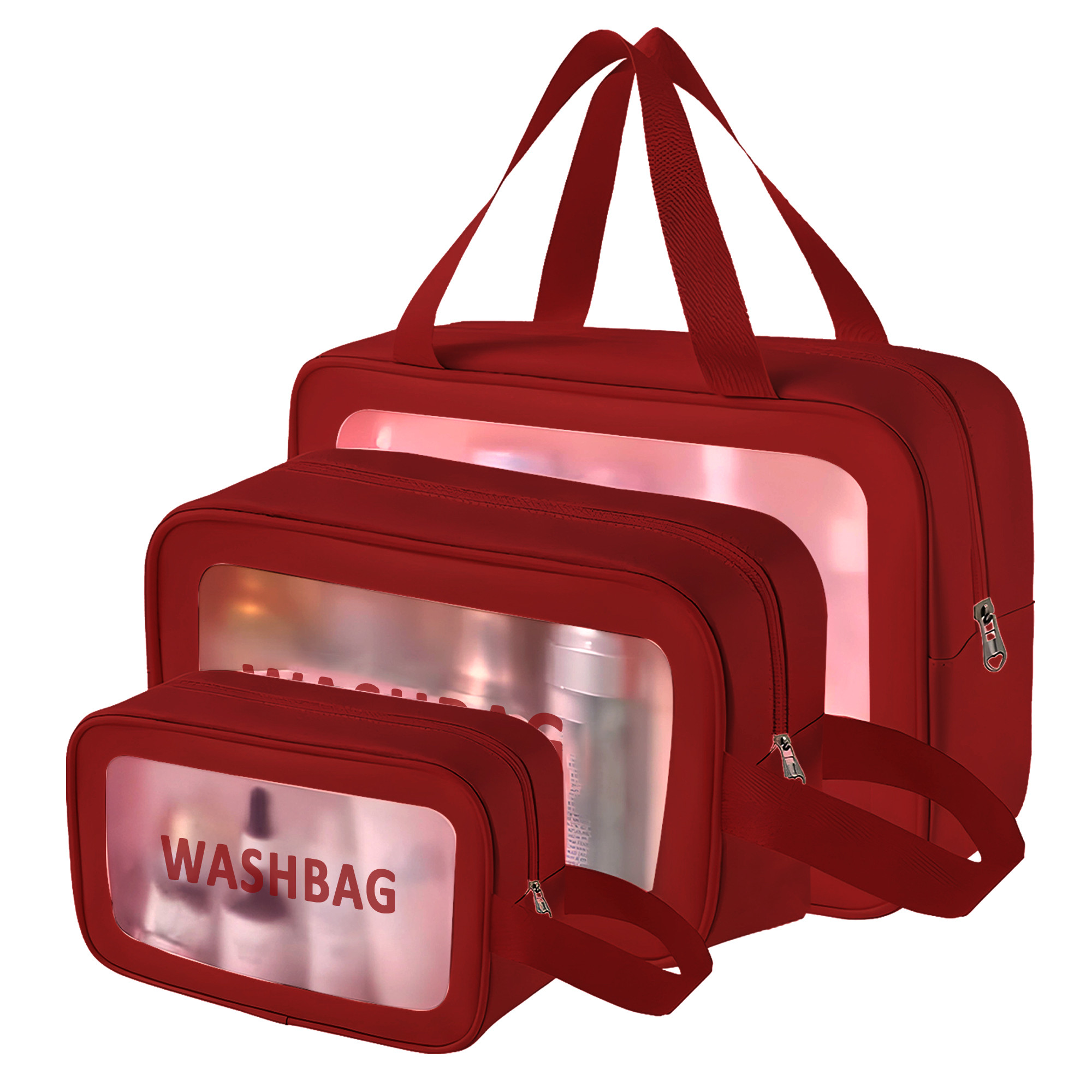 Kuber Industries Makeup Organizer Bag with Zip  Hand Strap  3 Pouches Each Travel Washbag Pouch for Men  Women  Skincare Vanity Cosmetic  Toiletry Organiser Box  Maroon