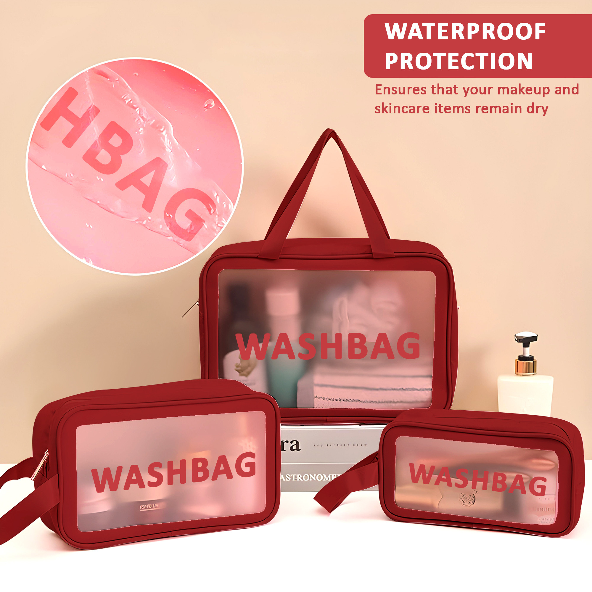 Kuber Industries Makeup Organizer Bag with Zip  Hand Strap  3 Pouches Each Travel Washbag Pouch for Men  Women  Skincare Vanity Cosmetic  Toiletry Organiser Box  Maroon