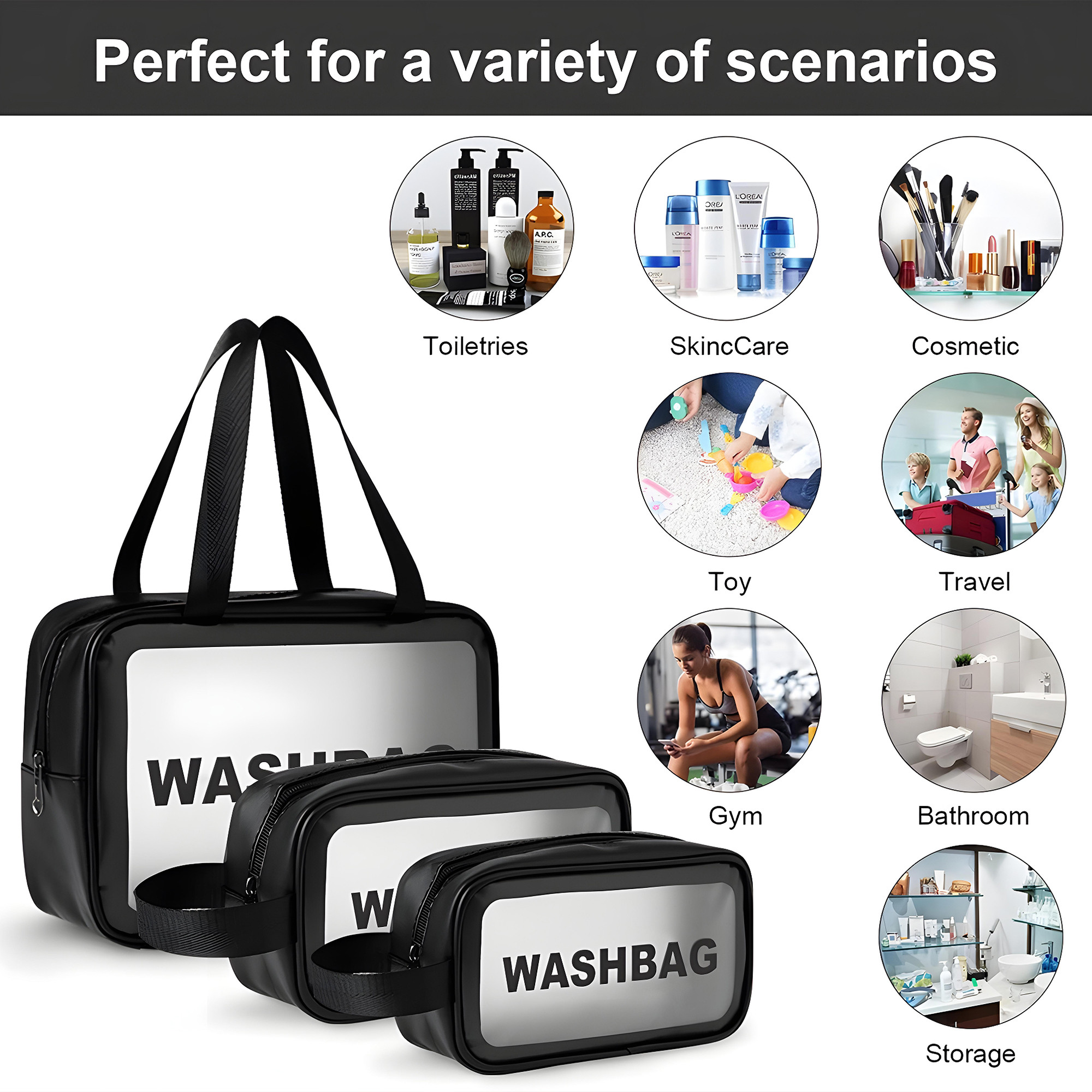 Kuber Industries Makeup Organizer Bag with Zip  Hand Strap  3 Pouches Each Travel Washbag Pouch for Men  Women  Skincare Vanity Cosmetic  Toiletry Organiser Box  Black