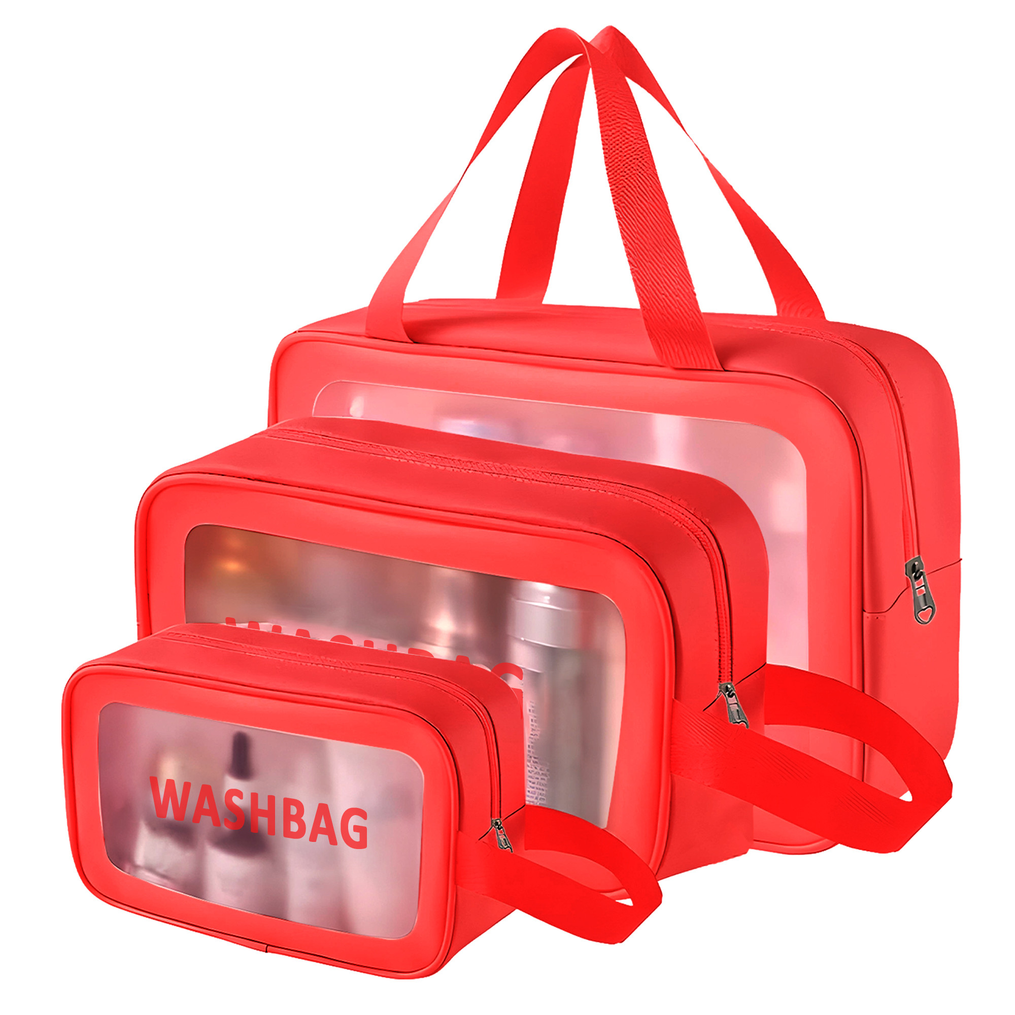 Kuber Industries Makeup Organizer Bag with Zip  Hand Strap  3 Pouches Each Travel Washbag Pouch for Men  Women  Skincare Vanity Cosmetic  Toiletry Organiser Box  Red