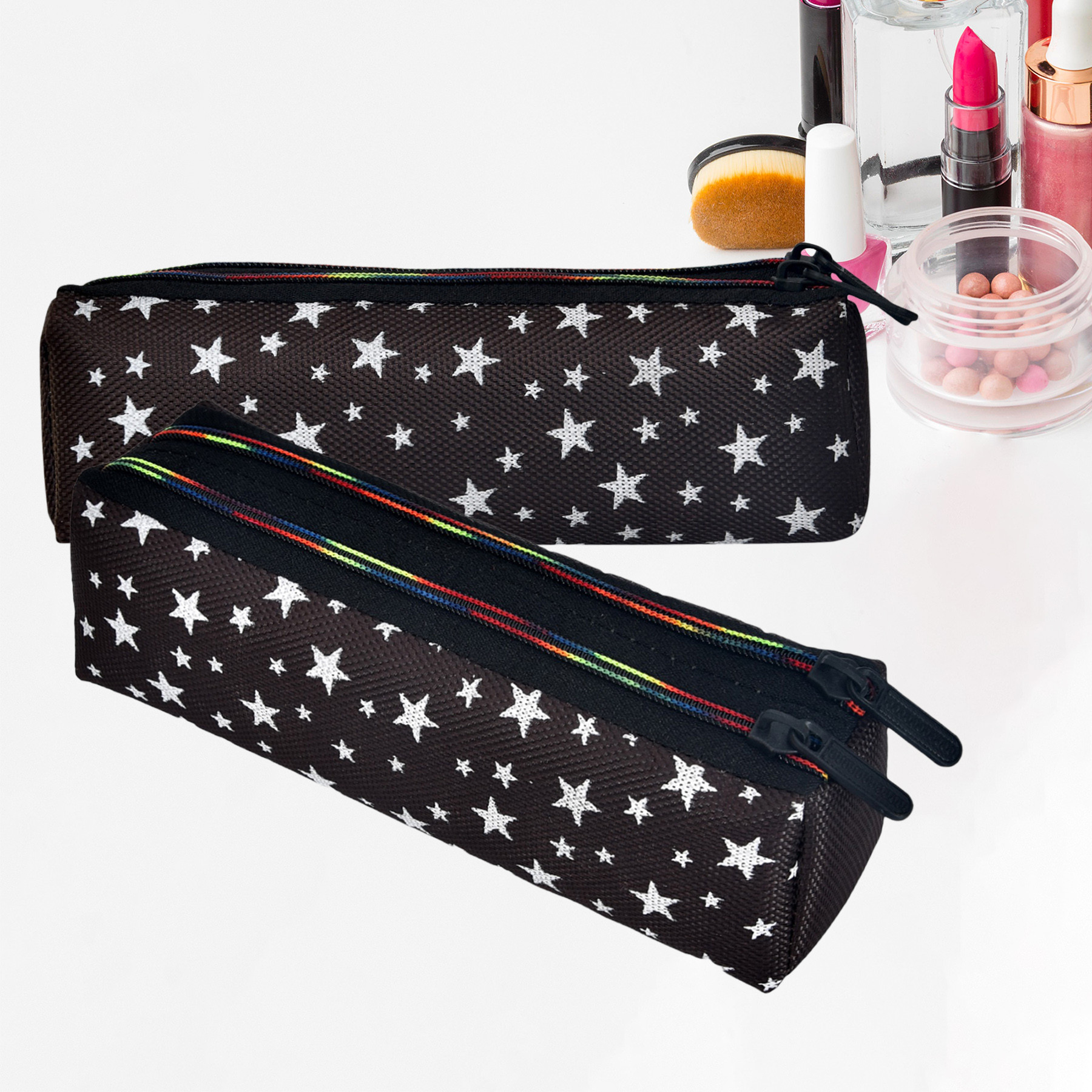 Kuber Industries Makeup Pouch | Rexine Cosmetic Pouch | Jewellery Utility Pouch | Toiletry Pouch for Girls | Travel Makeup Pouch for Girls | Storage Makeup Bag | Star Makeup Pouch |Black