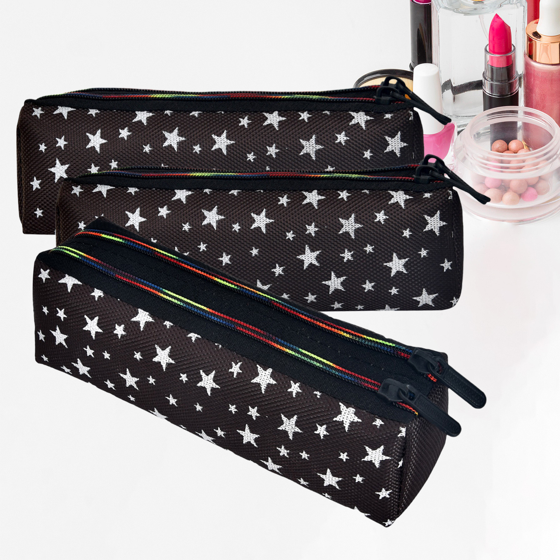 Kuber Industries Makeup Pouch | Rexine Cosmetic Pouch | Jewellery Utility Pouch | Toiletry Pouch for Girls | Travel Makeup Pouch for Girls | Storage Makeup Bag | Star Makeup Pouch |Black