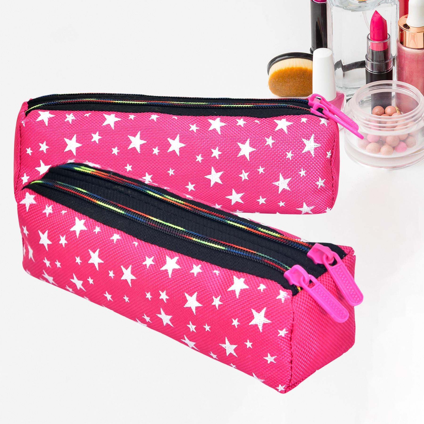 Kuber Industries Makeup Pouch | Rexine Cosmetic Pouch | Jewellery Utility Pouch | Toiletry Pouch for Girls | Travel Makeup Pouch for Girls | Storage Makeup Bag | Star Makeup Pouch |Pink