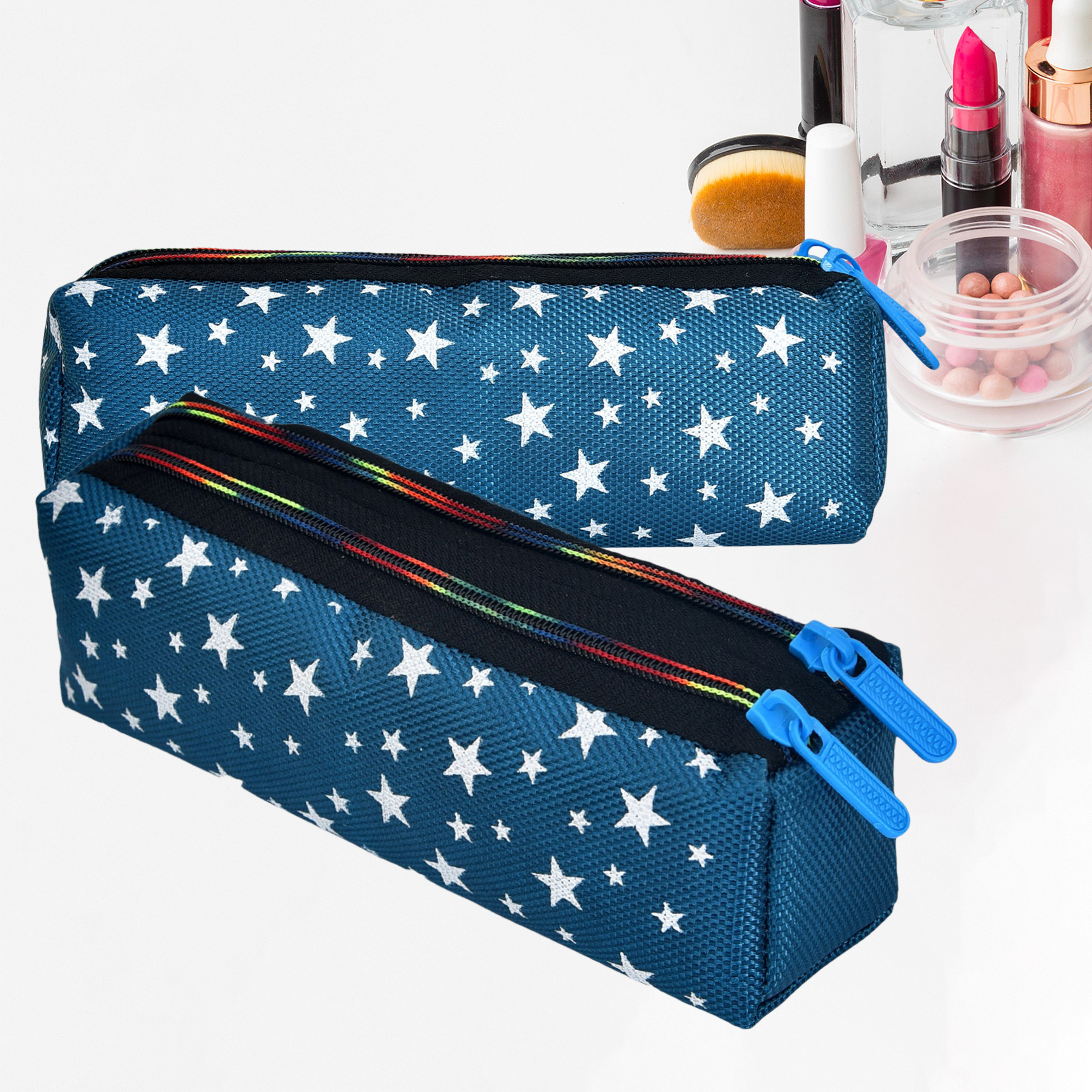 Kuber Industries Makeup Pouch | Rexine Cosmetic Pouch | Jewellery Utility Pouch | Toiletry Pouch for Girls | Travel Makeup Pouch for Girls | Storage Makeup Bag | Star Makeup Pouch |Blue