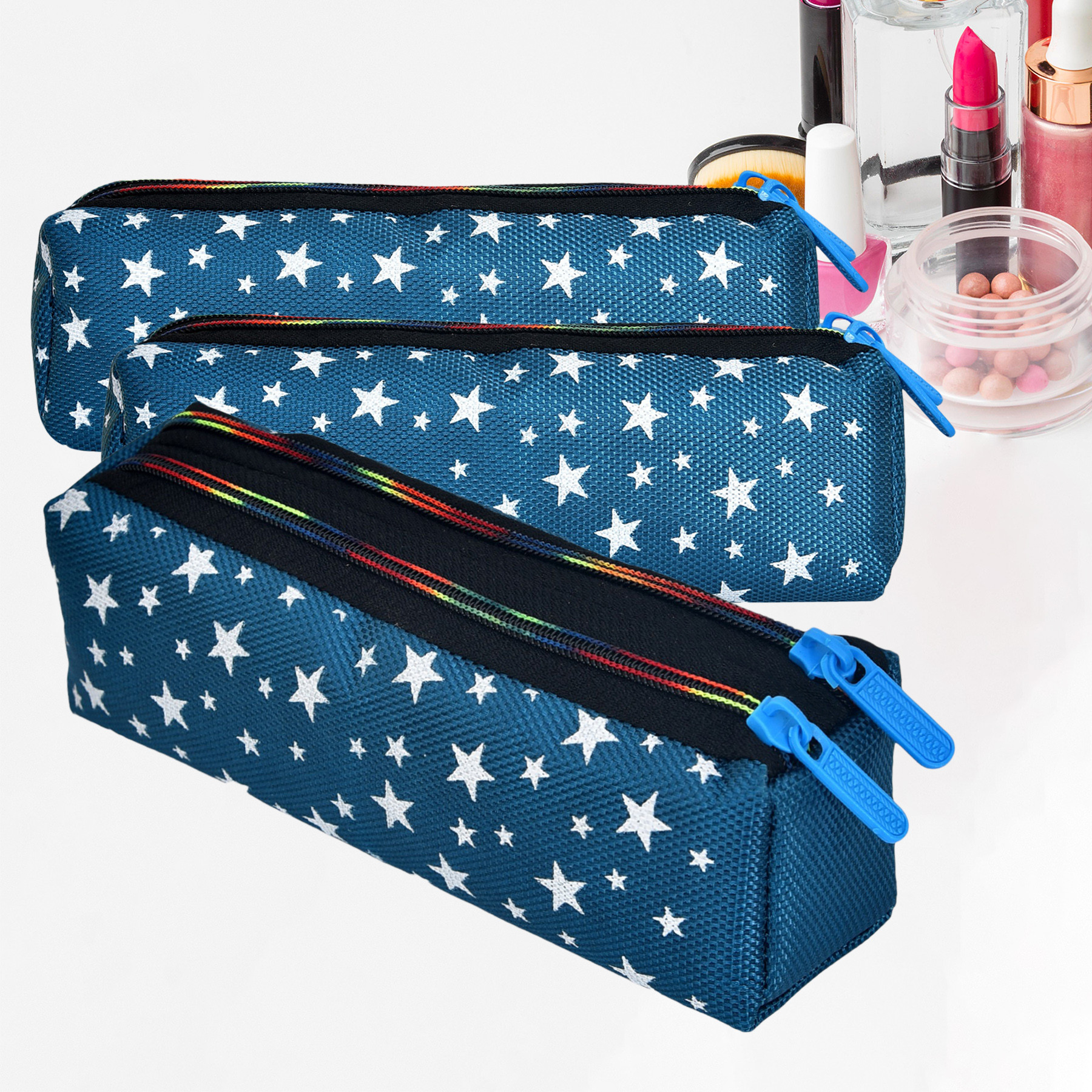 Kuber Industries Makeup Pouch | Rexine Cosmetic Pouch | Jewellery Utility Pouch | Toiletry Pouch for Girls | Travel Makeup Pouch for Girls | Storage Makeup Bag | Star Makeup Pouch |Blue