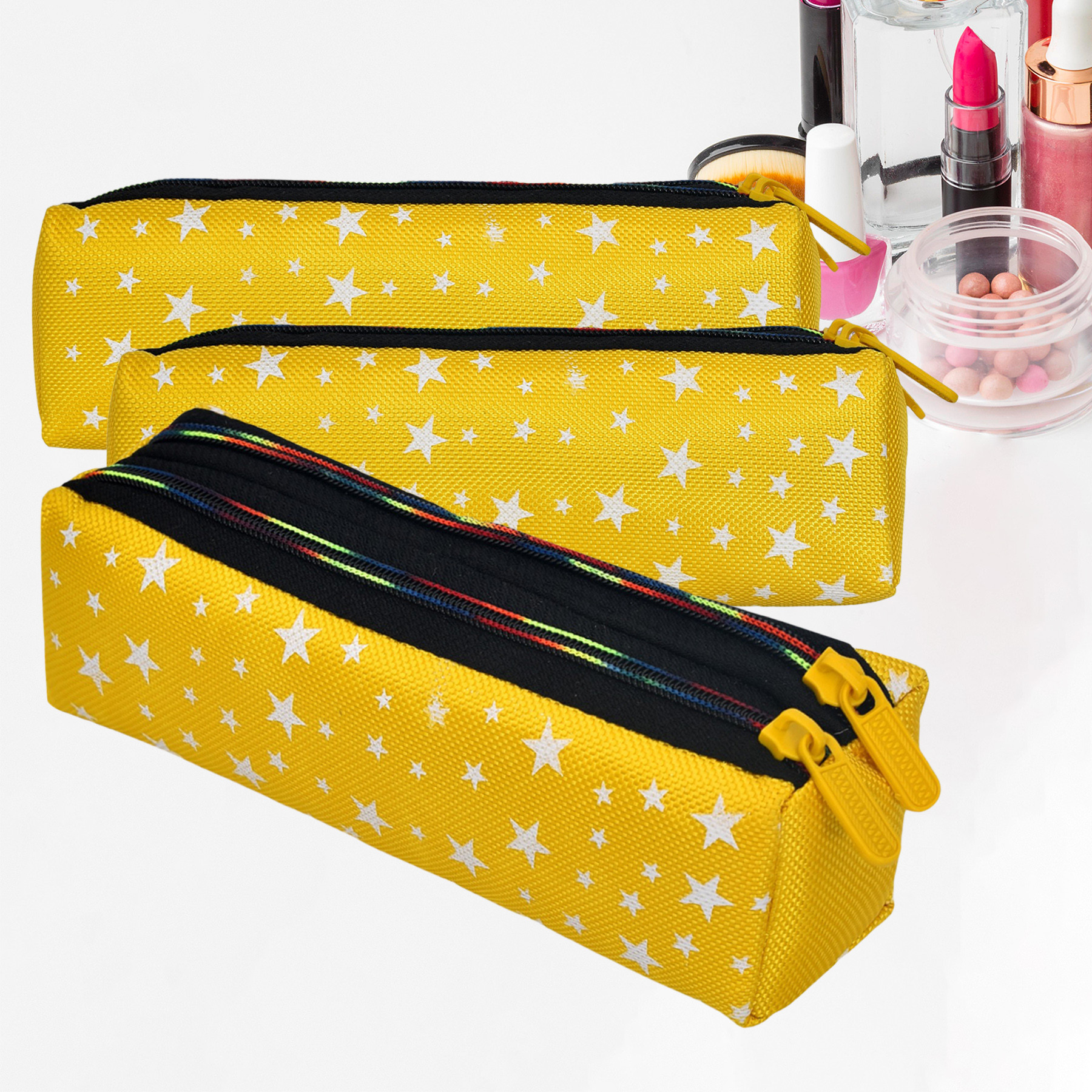 Kuber Industries Makeup Pouch | Rexine Cosmetic Pouch | Jewellery Utility Pouch | Toiletry Pouch for Girls | Travel Makeup Pouch for Girls | Storage Makeup Bag | Star Makeup Pouch | Yellow
