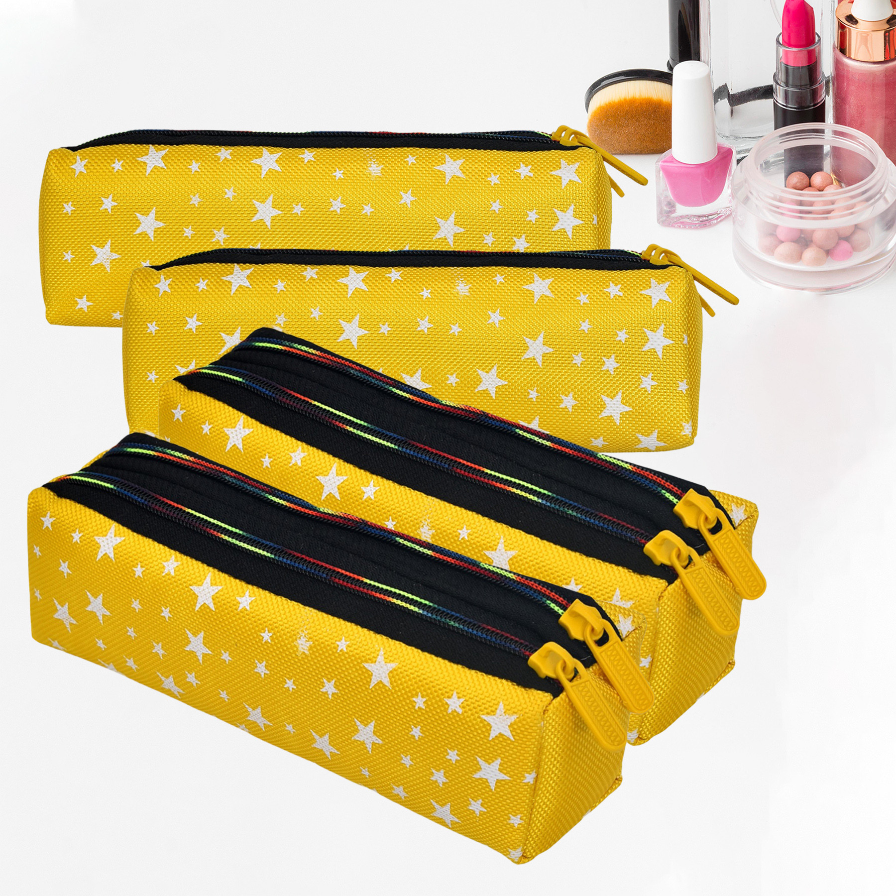 Kuber Industries Makeup Pouch | Rexine Cosmetic Pouch | Jewellery Utility Pouch | Toiletry Pouch for Girls | Travel Makeup Pouch for Girls | Storage Makeup Bag | Star Makeup Pouch | Yellow