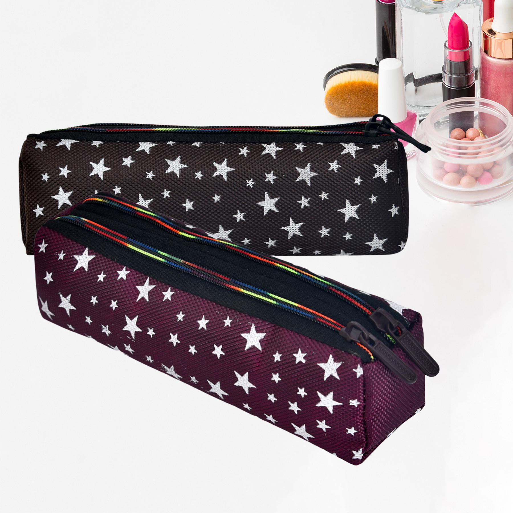 Kuber Industries Makeup Pouch | Rexine Cosmetic Pouch | Jewellery Utility Pouch | Toiletry Pouch for Girls | Travel Makeup Pouch for Girls | Storage Makeup Bag | Star Makeup Pouch | Pack of 2 | Multi