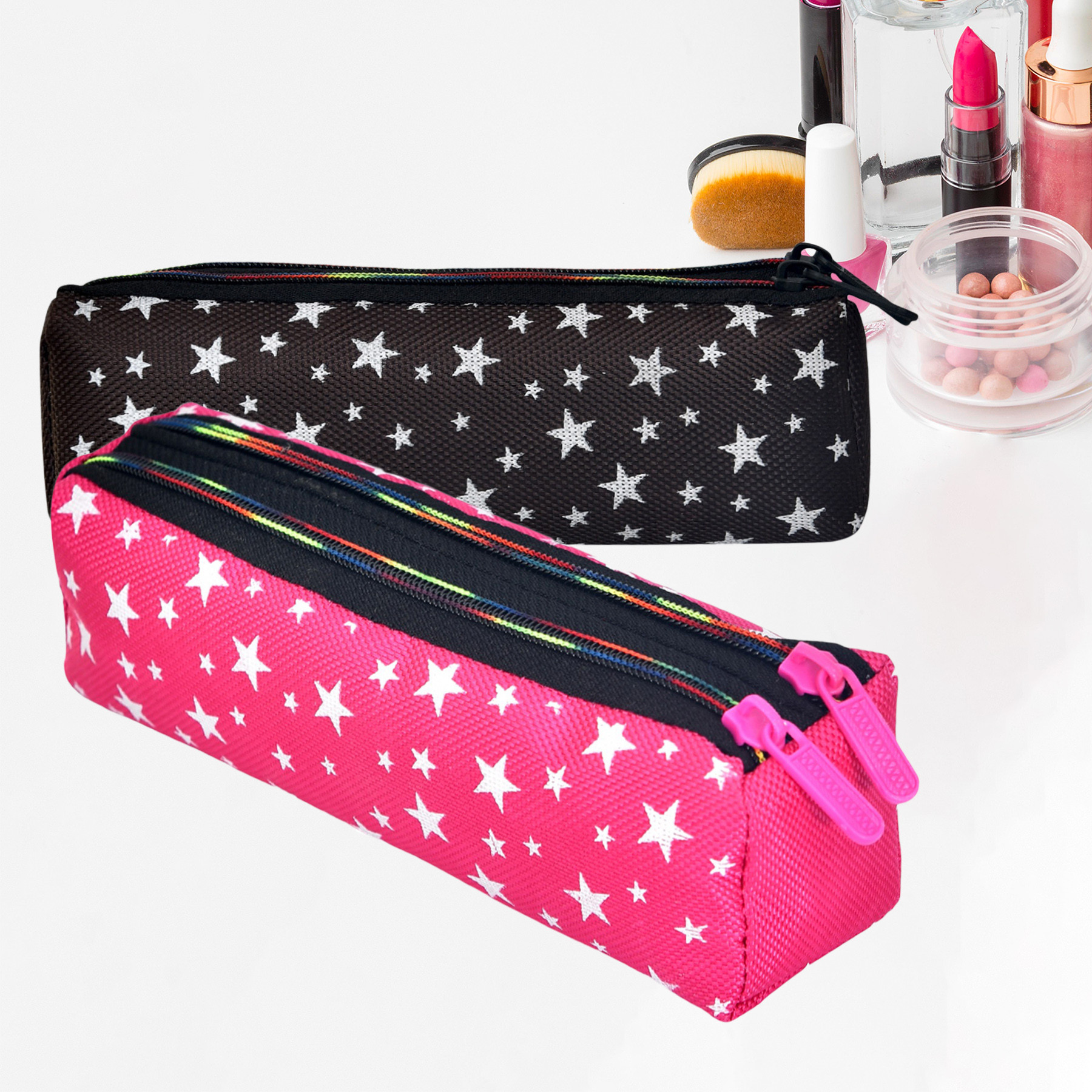 Kuber Industries Makeup Pouch | Rexine Cosmetic Pouch | Jewellery Utility Pouch | Toiletry Pouch for Girls | Travel Makeup Pouch for Girls | Storage Makeup Bag | Star Makeup Pouch | Pack of 2 | Multi