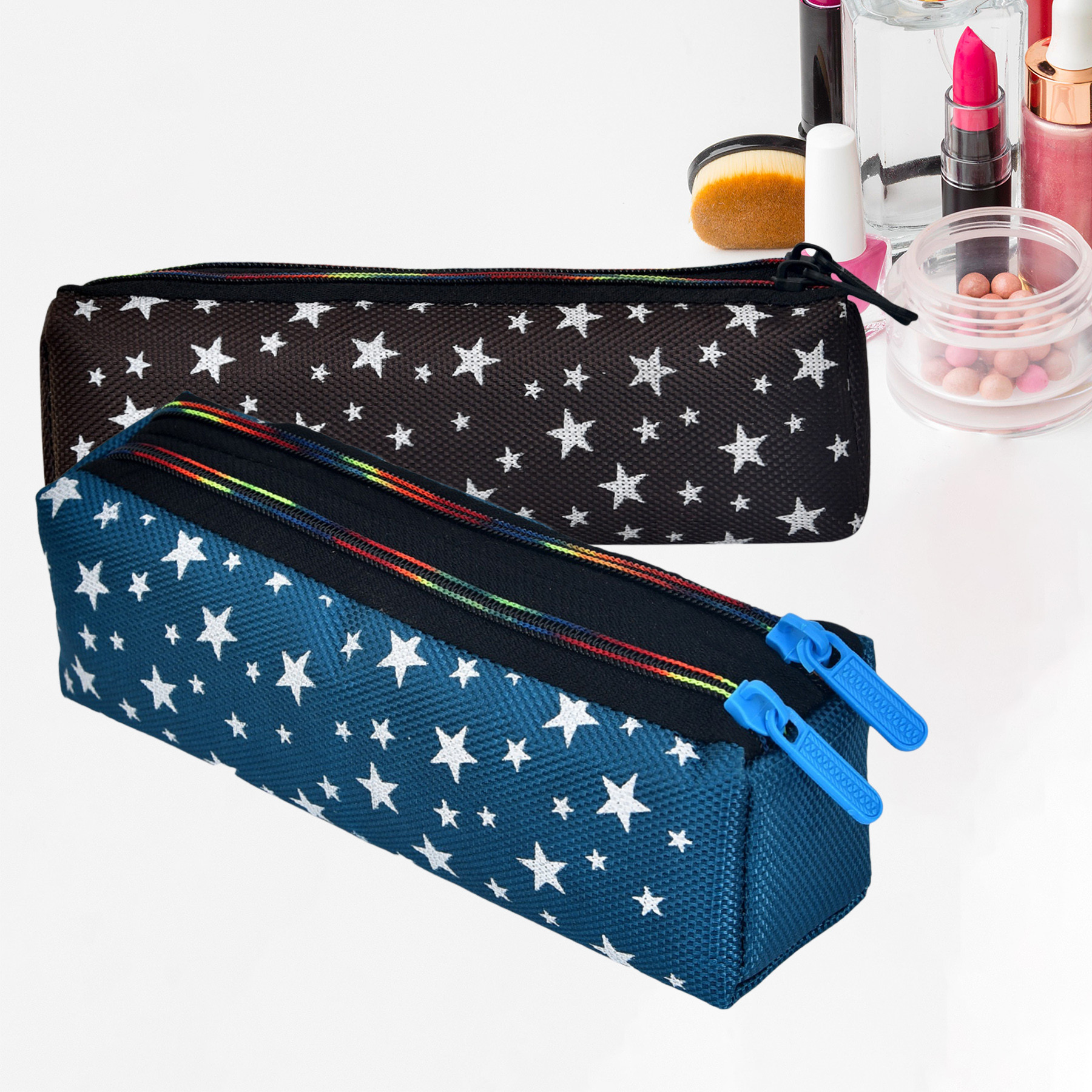Kuber Industries Makeup Pouch | Rexine Cosmetic Pouch | Jewellery Utility Pouch | Toiletry Pouch for Girls | Travel Makeup Pouch for Girls | Storage Makeup Bag | Star Makeup Pouch | Pack of 2 | Multi