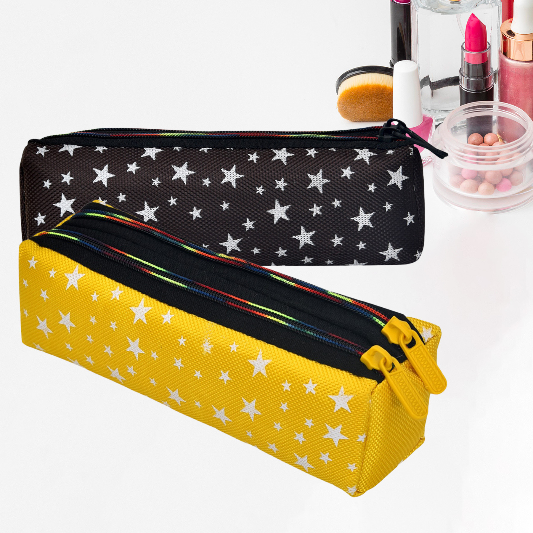 Kuber Industries Makeup Pouch | Rexine Cosmetic Pouch | Jewellery Utility Pouch | Toiletry Pouch for Girls | Travel Makeup Pouch for Girls | Storage Makeup Bag | Star Makeup Pouch | Pack of 2 | Multi