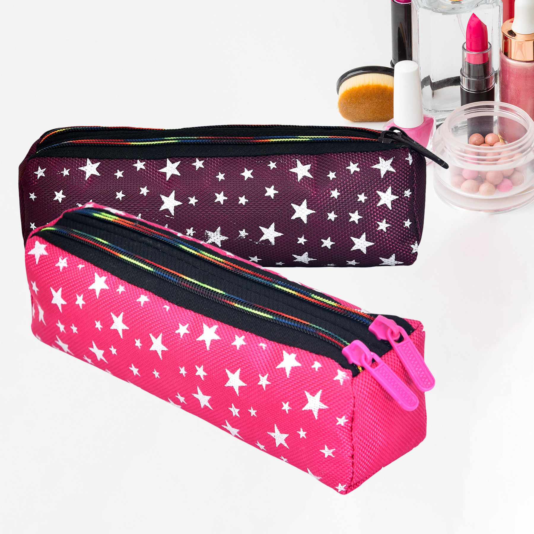 Kuber Industries Makeup Pouch | Rexine Cosmetic Pouch | Jewellery Utility Pouch | Toiletry Pouch for Girls | Travel Makeup Pouch for Girls | Storage Makeup Bag | Star Makeup Pouch | Pack of 2 | Multi