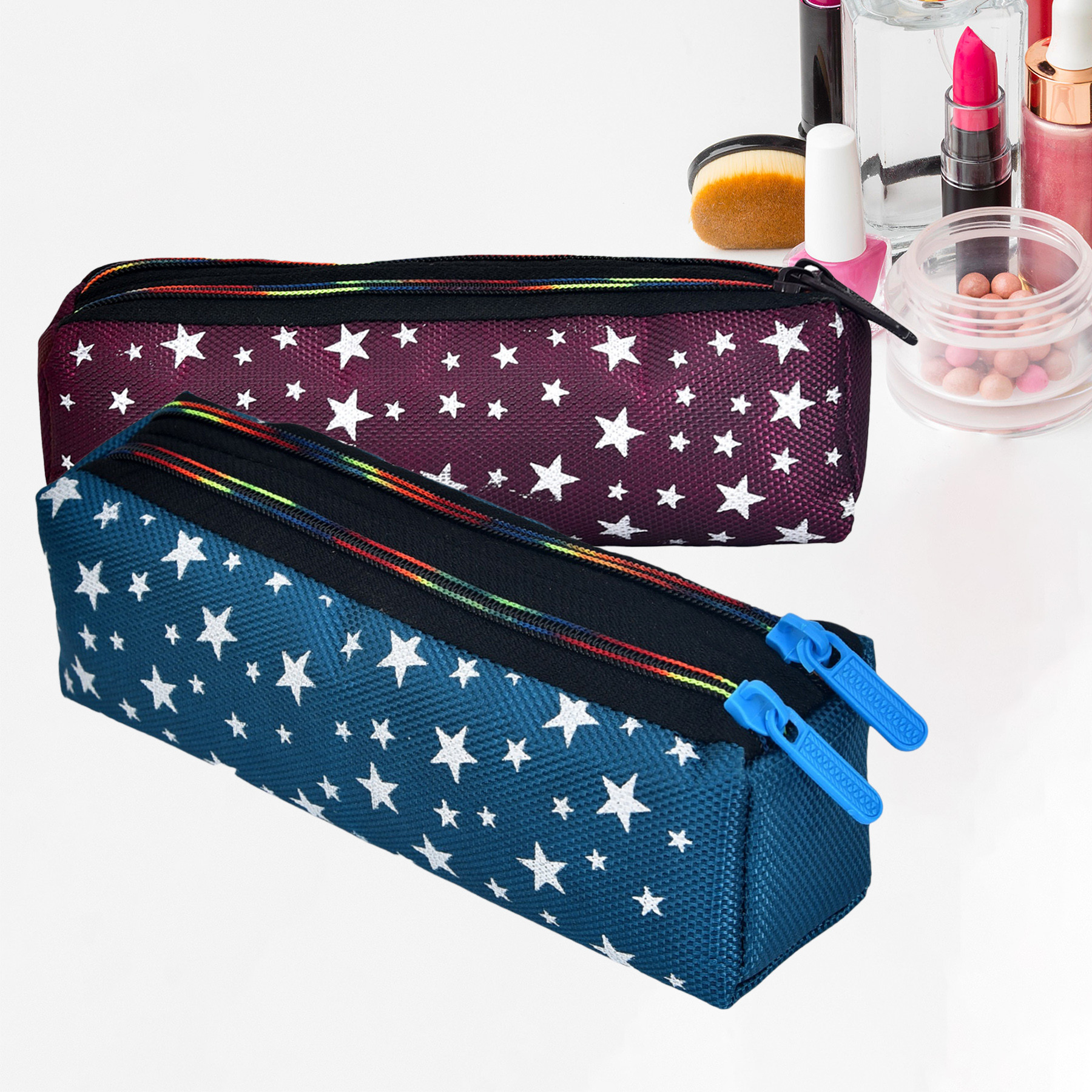 Kuber Industries Makeup Pouch | Rexine Cosmetic Pouch | Jewellery Utility Pouch | Toiletry Pouch for Girls | Travel Makeup Pouch for Girls | Storage Makeup Bag | Star Makeup Pouch | Pack of 2 | Multi