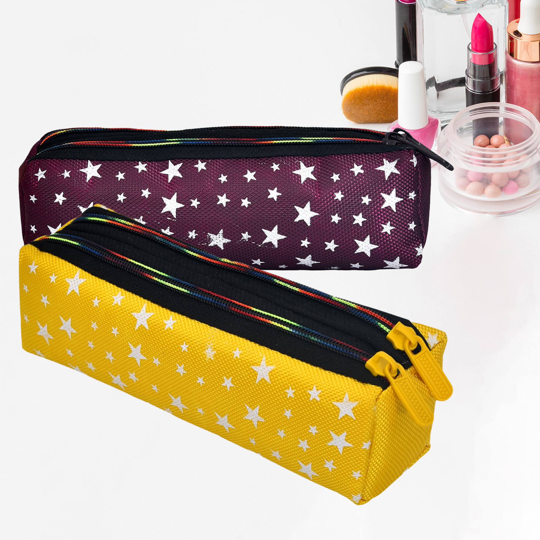 Kuber Industries Makeup Pouch | Rexine Cosmetic Pouch | Jewellery Utility Pouch | Toiletry Pouch for Girls | Travel Makeup Pouch for Girls | Storage Makeup Bag | Star Makeup Pouch | Pack of 2 | Multi