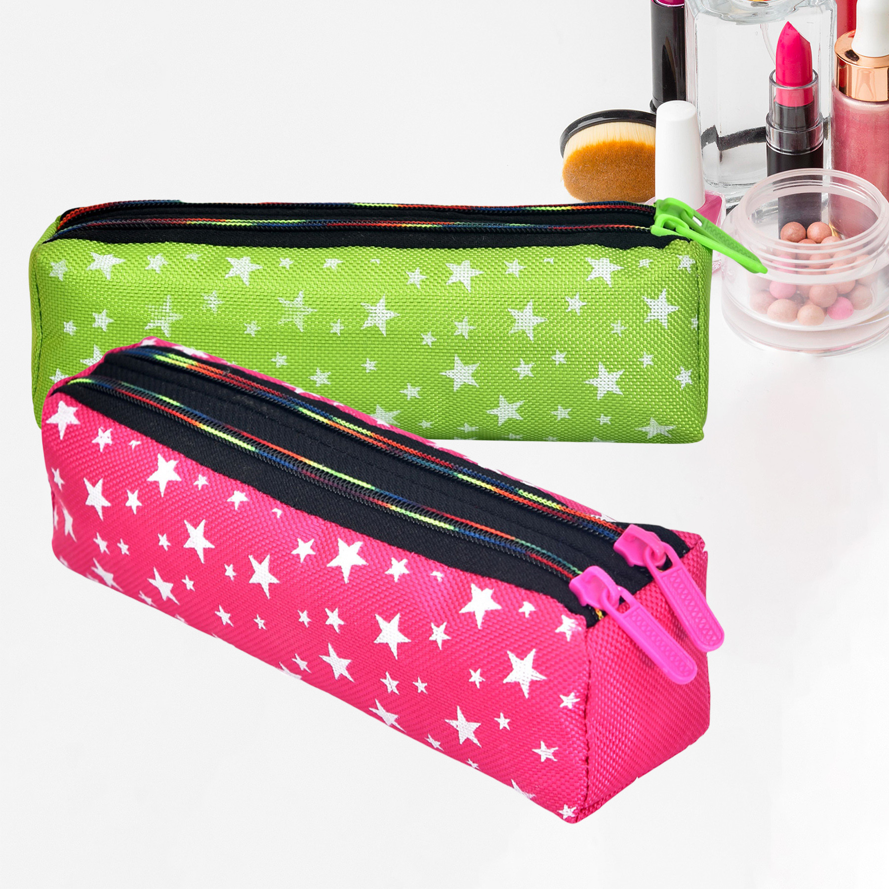 Kuber Industries Makeup Pouch | Rexine Cosmetic Pouch | Jewellery Utility Pouch | Toiletry Pouch for Girls | Travel Makeup Pouch for Girls | Storage Makeup Bag | Star Makeup Pouch | Pack of 2 | Multi