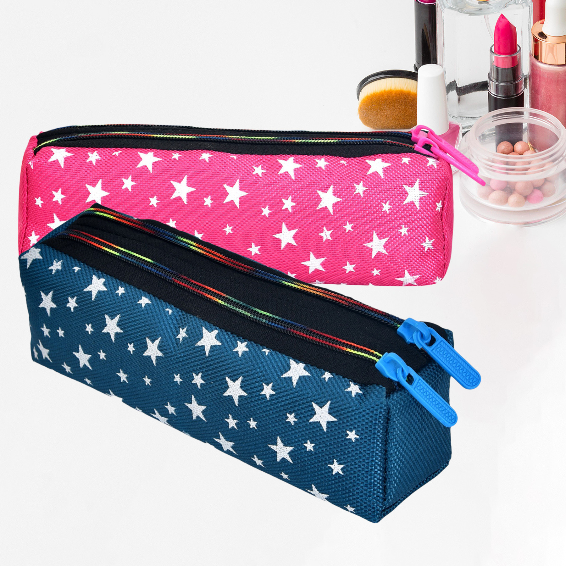 Kuber Industries Makeup Pouch | Rexine Cosmetic Pouch | Jewellery Utility Pouch | Toiletry Pouch for Girls | Travel Makeup Pouch for Girls | Storage Makeup Bag | Star Makeup Pouch | Pack of 2 | Multi