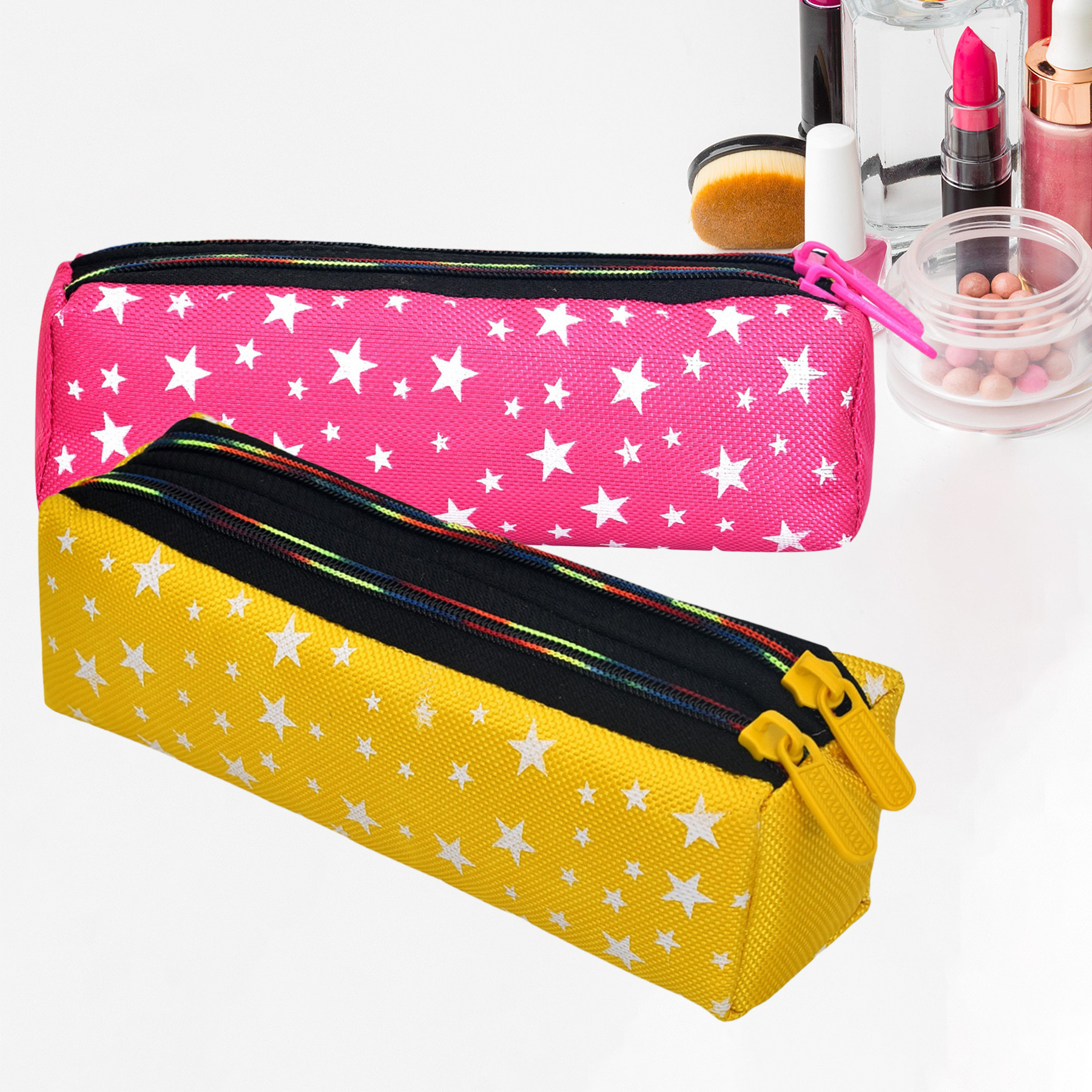 Kuber Industries Makeup Pouch | Rexine Cosmetic Pouch | Jewellery Utility Pouch | Toiletry Pouch for Girls | Travel Makeup Pouch for Girls | Storage Makeup Bag | Star Makeup Pouch | Pack of 2 | Multi