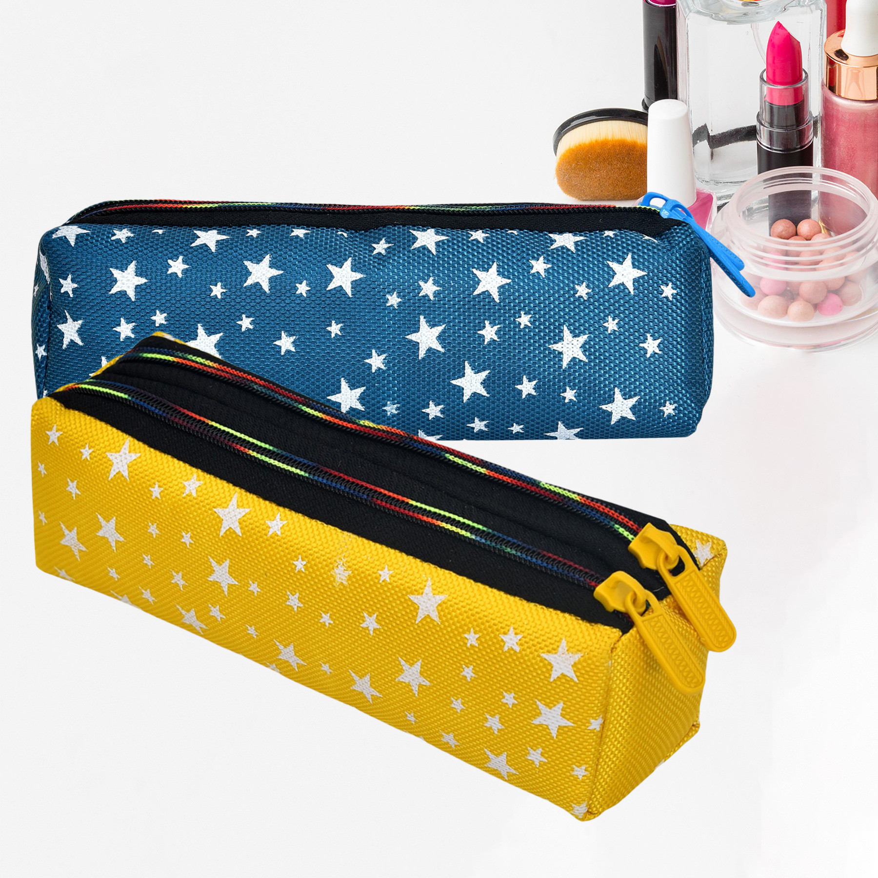 Kuber Industries Makeup Pouch | Rexine Cosmetic Pouch | Jewellery Utility Pouch | Toiletry Pouch for Girls | Travel Makeup Pouch for Girls | Storage Makeup Bag | Star Makeup Pouch | Pack of 2 | Multi