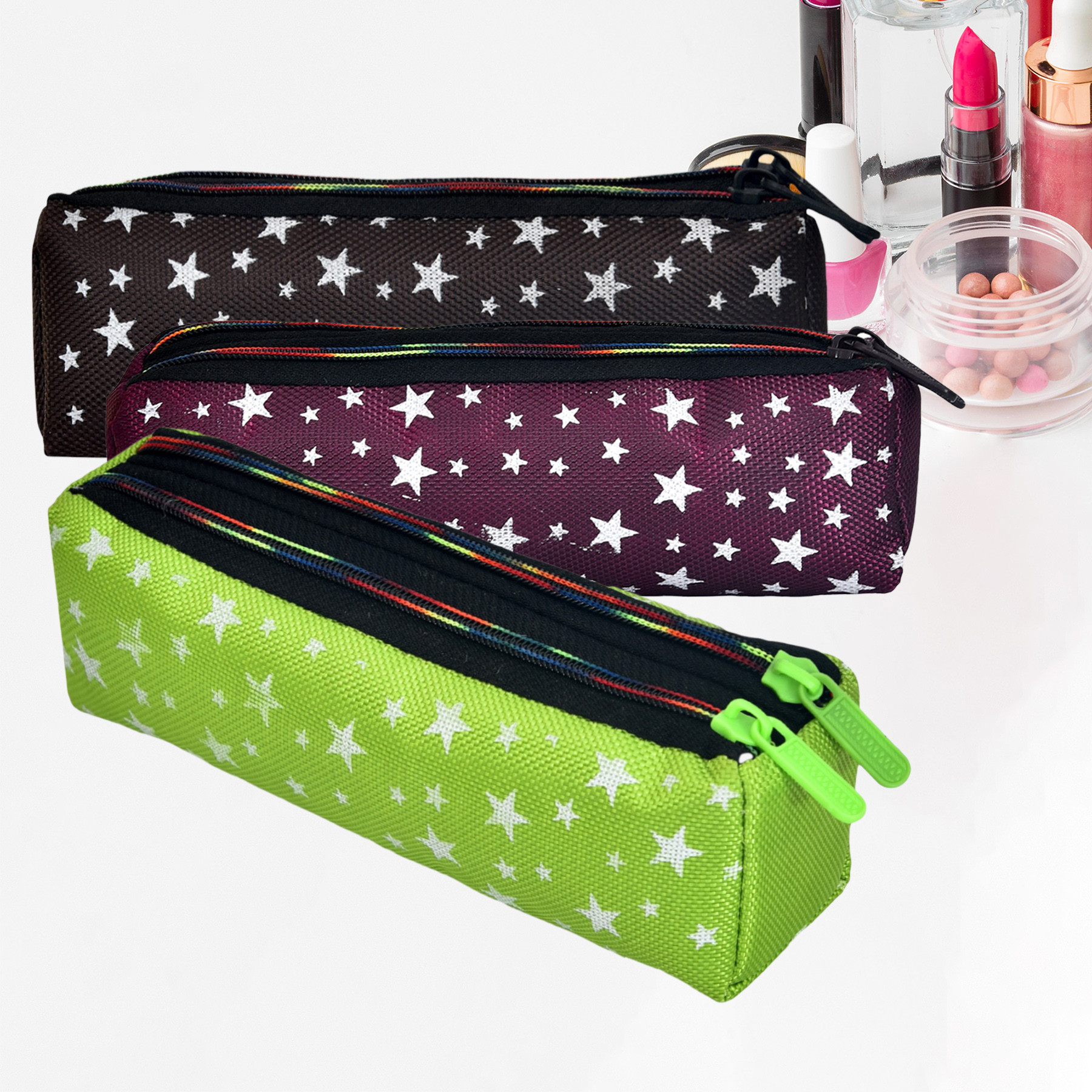 Kuber Industries Makeup Pouch | Rexine Cosmetic Pouch | Jewellery Utility Pouch | Toiletry Pouch for Girls | Travel Makeup Pouch for Girls | Storage Makeup Bag | Star Makeup Pouch | Pack of 3 | Multi