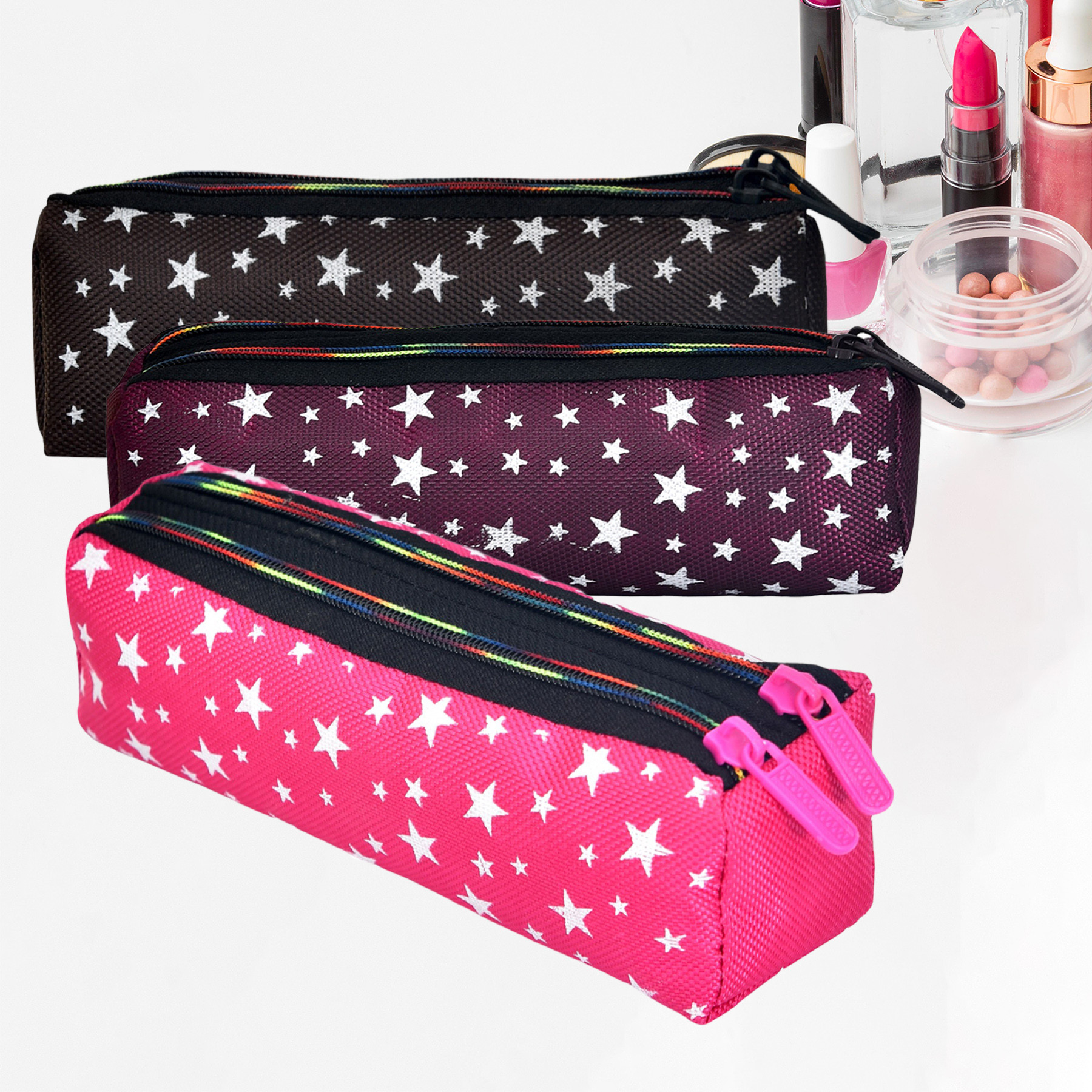 Kuber Industries Makeup Pouch | Rexine Cosmetic Pouch | Jewellery Utility Pouch | Toiletry Pouch for Girls | Travel Makeup Pouch for Girls | Storage Makeup Bag | Star Makeup Pouch | Pack of 3 | Multi