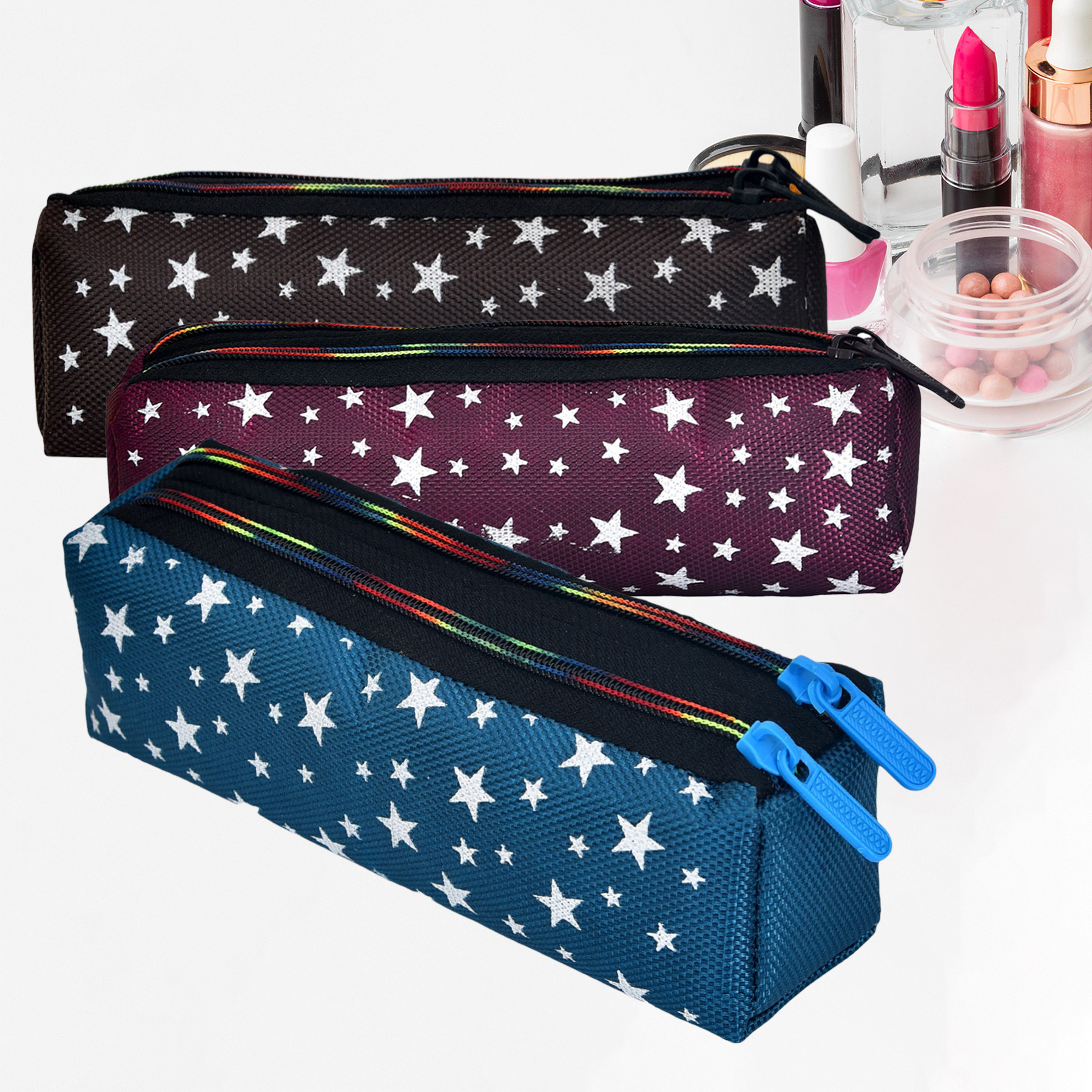 Kuber Industries Makeup Pouch | Rexine Cosmetic Pouch | Jewellery Utility Pouch | Toiletry Pouch for Girls | Travel Makeup Pouch for Girls | Storage Makeup Bag | Star Makeup Pouch | Pack of 3 | Multi