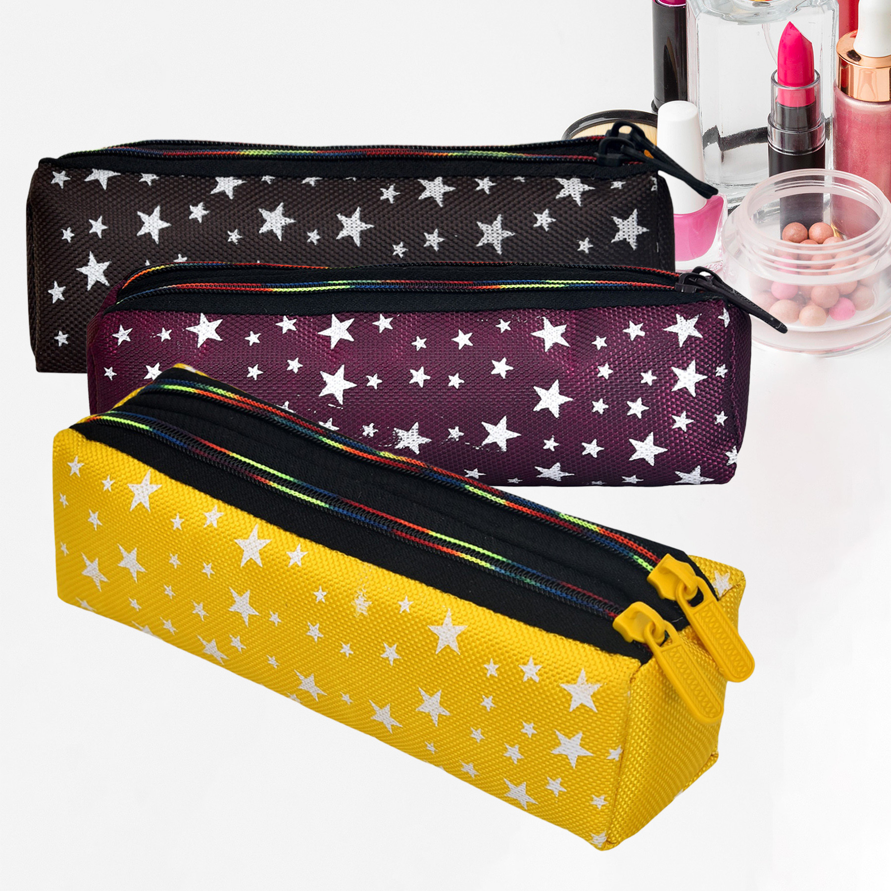 Kuber Industries Makeup Pouch | Rexine Cosmetic Pouch | Jewellery Utility Pouch | Toiletry Pouch for Girls | Travel Makeup Pouch for Girls | Storage Makeup Bag | Star Makeup Pouch | Pack of 3 | Multi