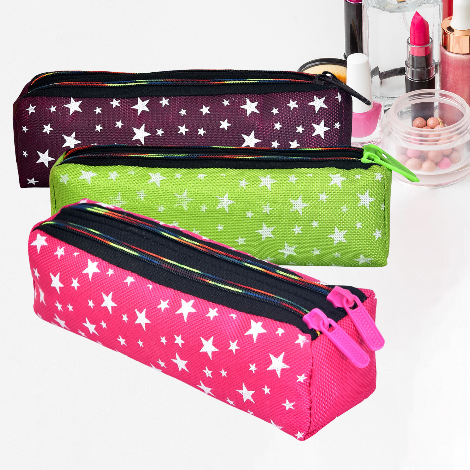 Kuber Industries Makeup Pouch | Rexine Cosmetic Pouch | Jewellery Utility Pouch | Toiletry Pouch for Girls | Travel Makeup Pouch for Girls | Storage Makeup Bag | Star Makeup Pouch | Pack of 3 | Multi