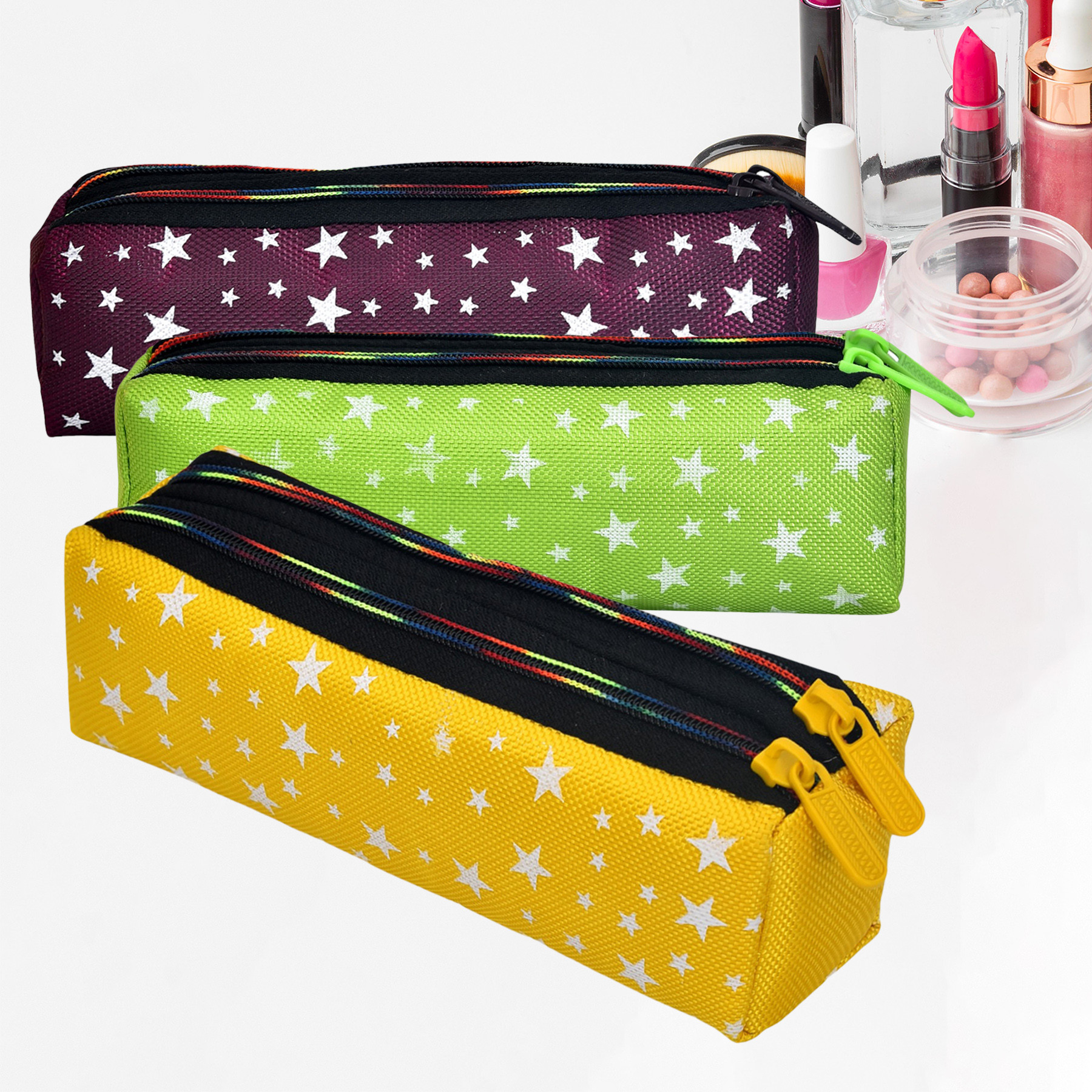 Kuber Industries Makeup Pouch | Rexine Cosmetic Pouch | Jewellery Utility Pouch | Toiletry Pouch for Girls | Travel Makeup Pouch for Girls | Storage Makeup Bag | Star Makeup Pouch | Pack of 3 | Multi