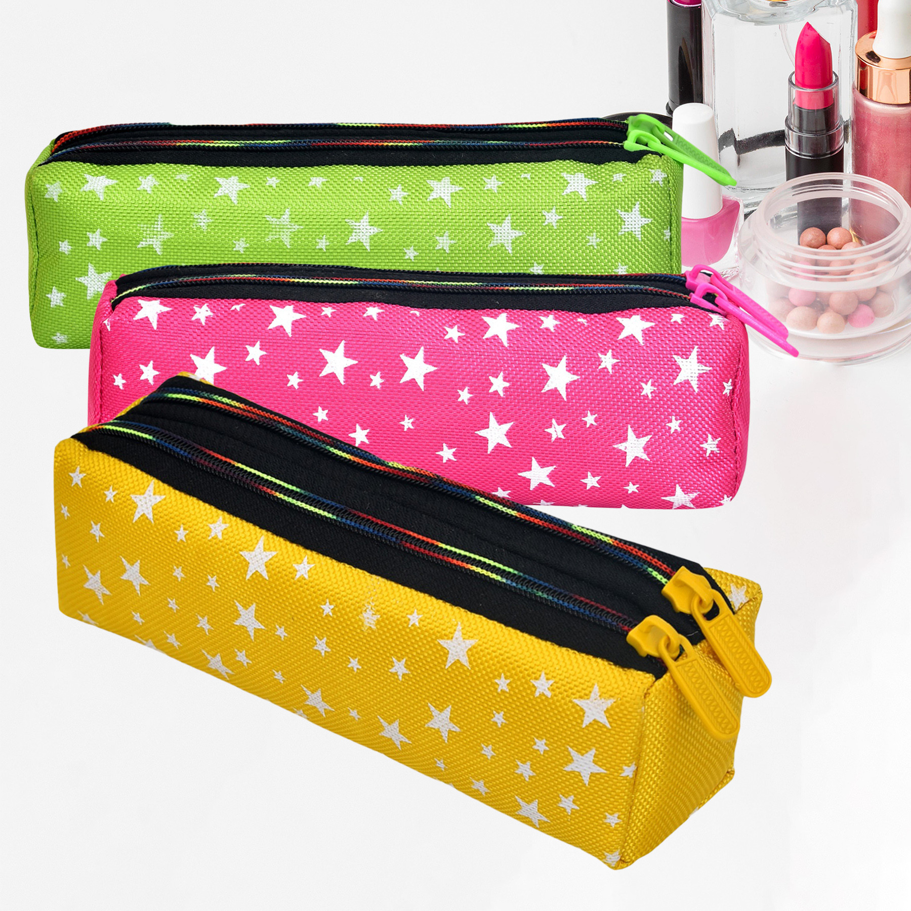 Kuber Industries Makeup Pouch | Rexine Cosmetic Pouch | Jewellery Utility Pouch | Toiletry Pouch for Girls | Travel Makeup Pouch for Girls | Storage Makeup Bag | Star Makeup Pouch | Pack of 3 | Multi