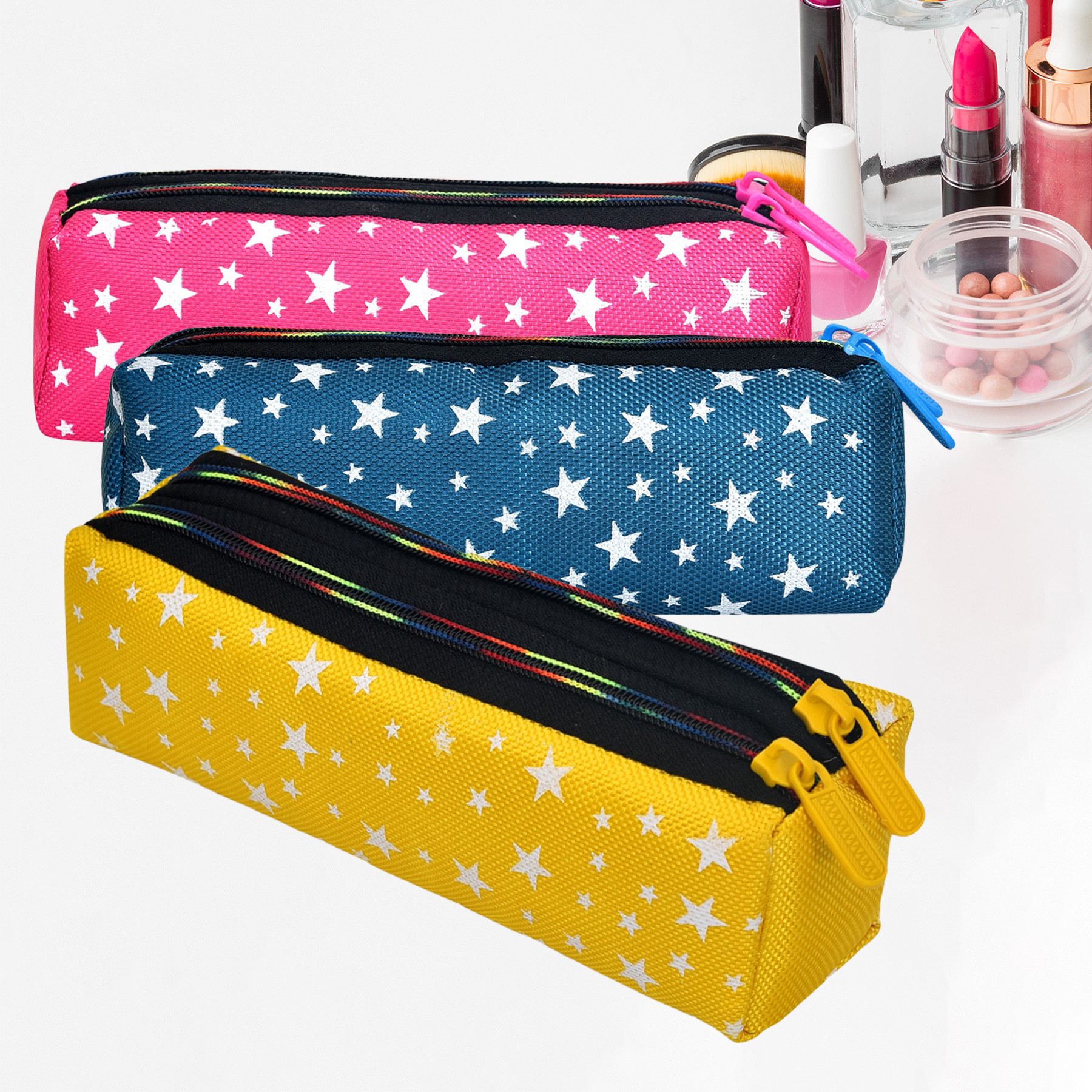 Kuber Industries Makeup Pouch | Rexine Cosmetic Pouch | Jewellery Utility Pouch | Toiletry Pouch for Girls | Travel Makeup Pouch for Girls | Storage Makeup Bag | Star Makeup Pouch | Pack of 3 | Multi