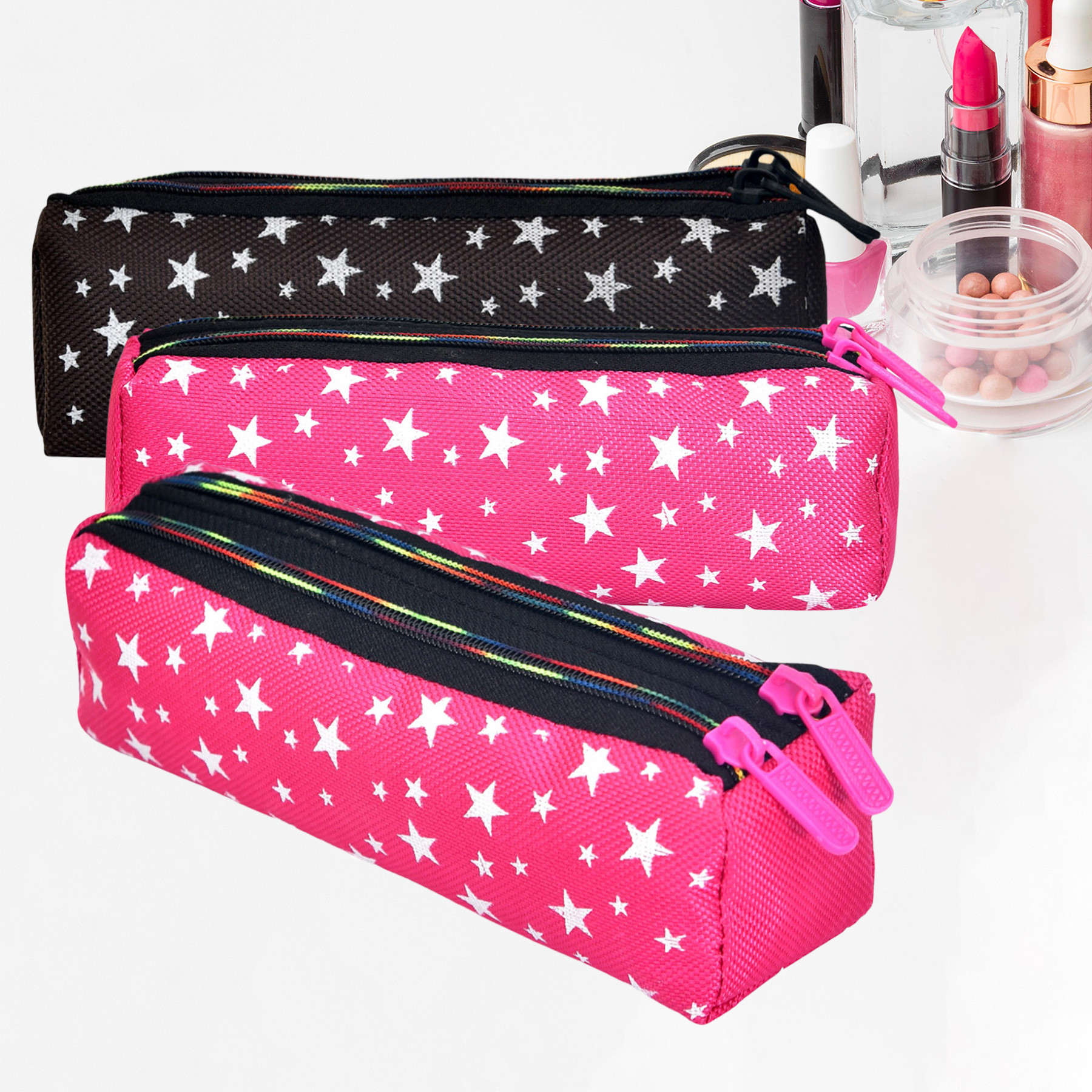 Kuber Industries Makeup Pouch | Rexine Cosmetic Pouch | Jewellery Utility Pouch | Toiletry Pouch for Girls | Travel Makeup Pouch for Girls | Storage Makeup Bag | Star Makeup Pouch | Pack of 3 | Multi