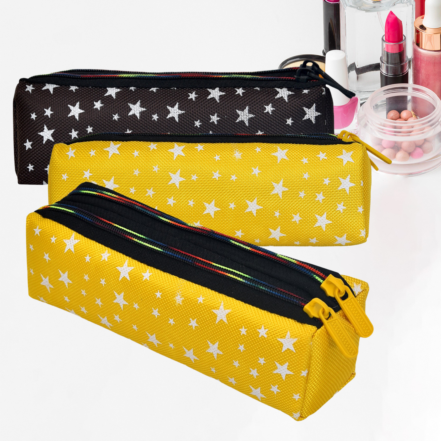 Kuber Industries Makeup Pouch | Rexine Cosmetic Pouch | Jewellery Utility Pouch | Toiletry Pouch for Girls | Travel Makeup Pouch for Girls | Storage Makeup Bag | Star Makeup Pouch | Pack of 3 | Multi