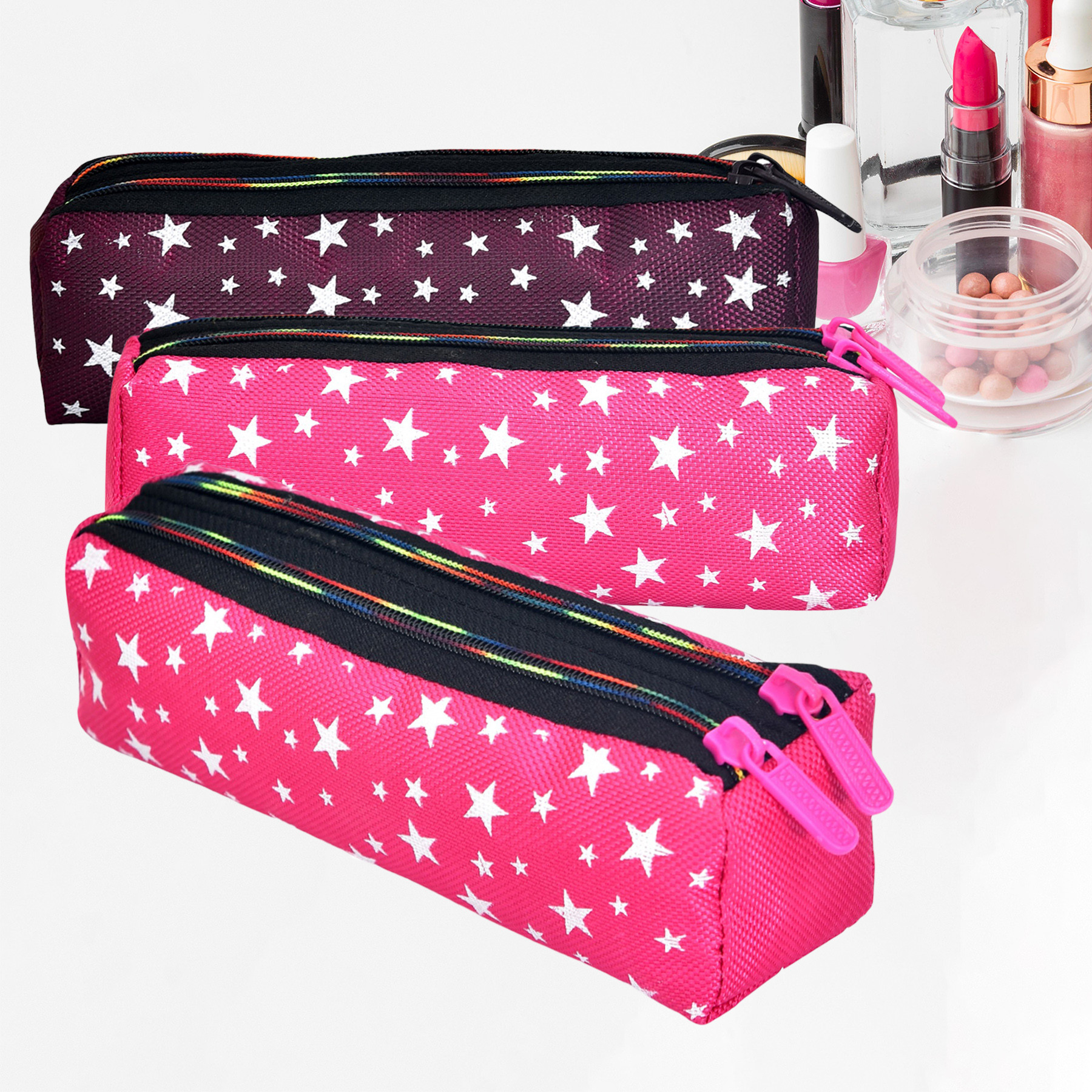 Kuber Industries Makeup Pouch | Rexine Cosmetic Pouch | Jewellery Utility Pouch | Toiletry Pouch for Girls | Travel Makeup Pouch for Girls | Storage Makeup Bag | Star Makeup Pouch | Pack of 3 | Multi